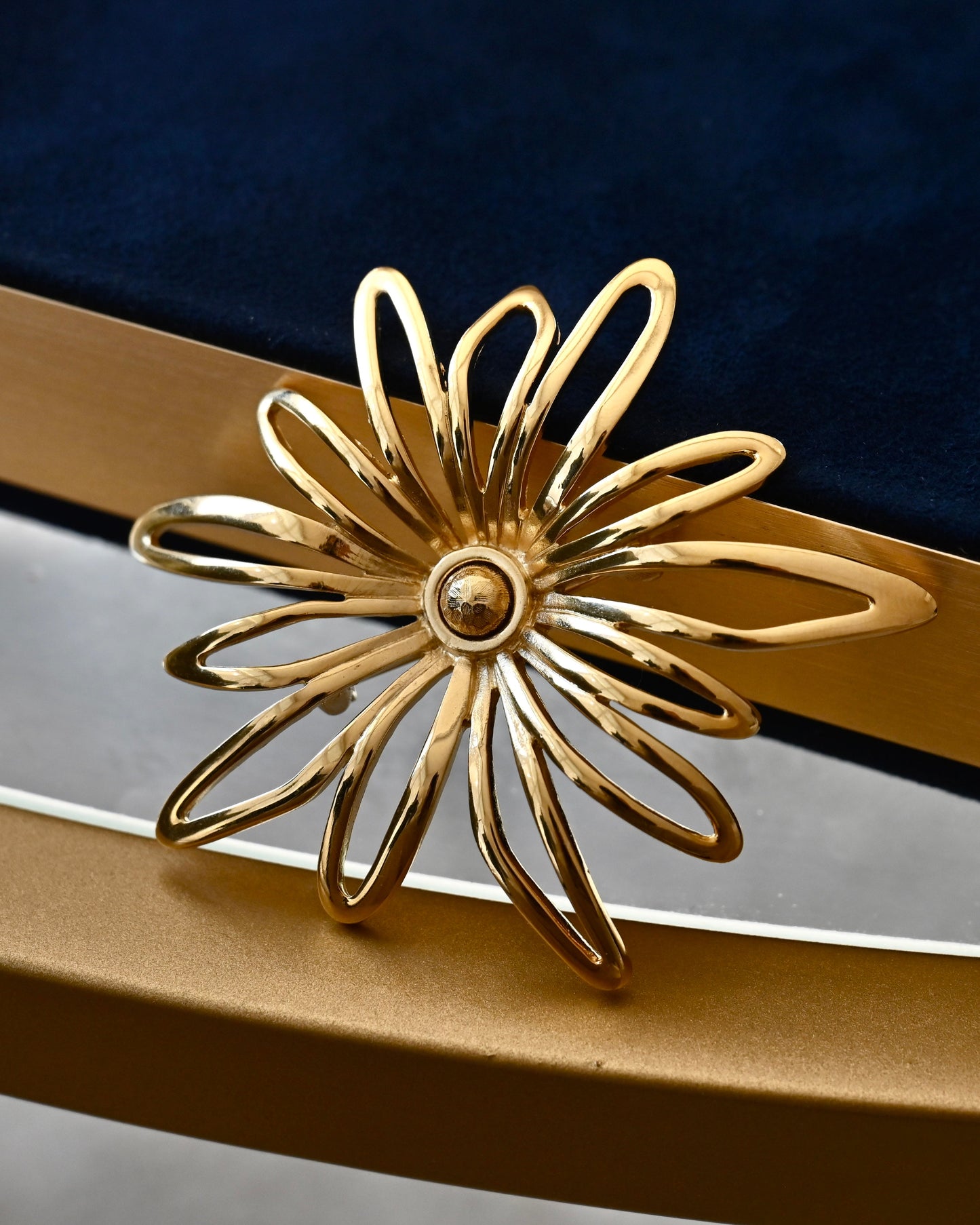 Vintage Givenchy Daisy Flower Simplistic Hollow Large Gold-Tone Brooch