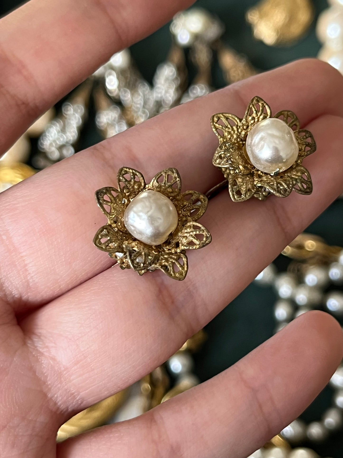 Vintage Miriam Haskell Classic "Niki" Baroque Glass Pearl Bronze-Tone Filigree Screw Back Clip-On Earrings