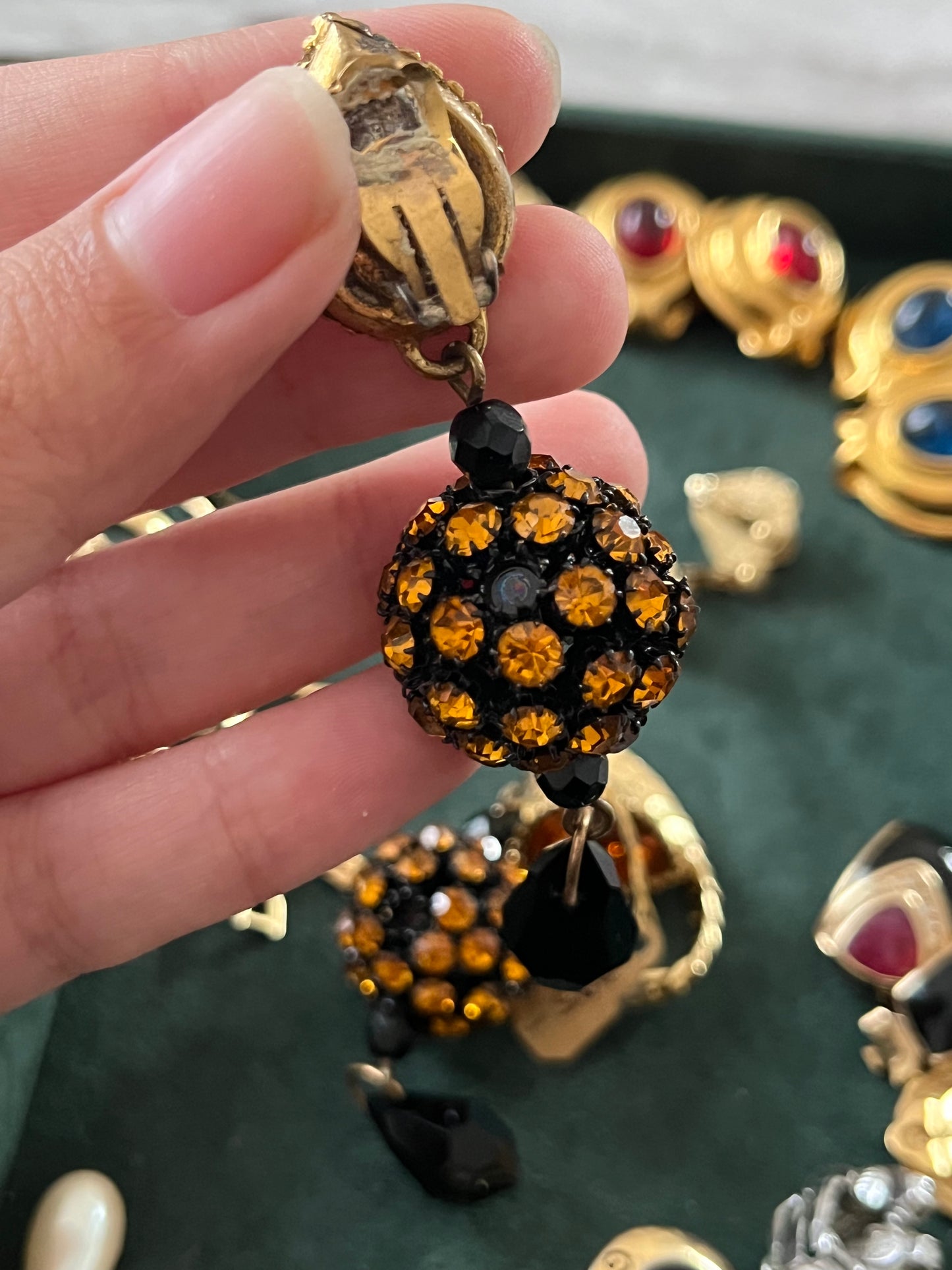 Vintage Yves Saint Laurent Rive Gauche YSL Orange Rhinestone Ball Dangle Drop Long Shoulder Brush Gold-Tone Clip-On Earrings