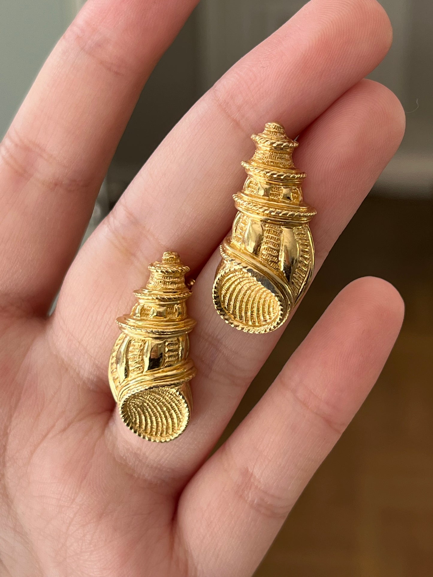 Vintage Christian Dior Sea Shell Brushed Gold-Tone 14k Gold Post Pierced Earrings