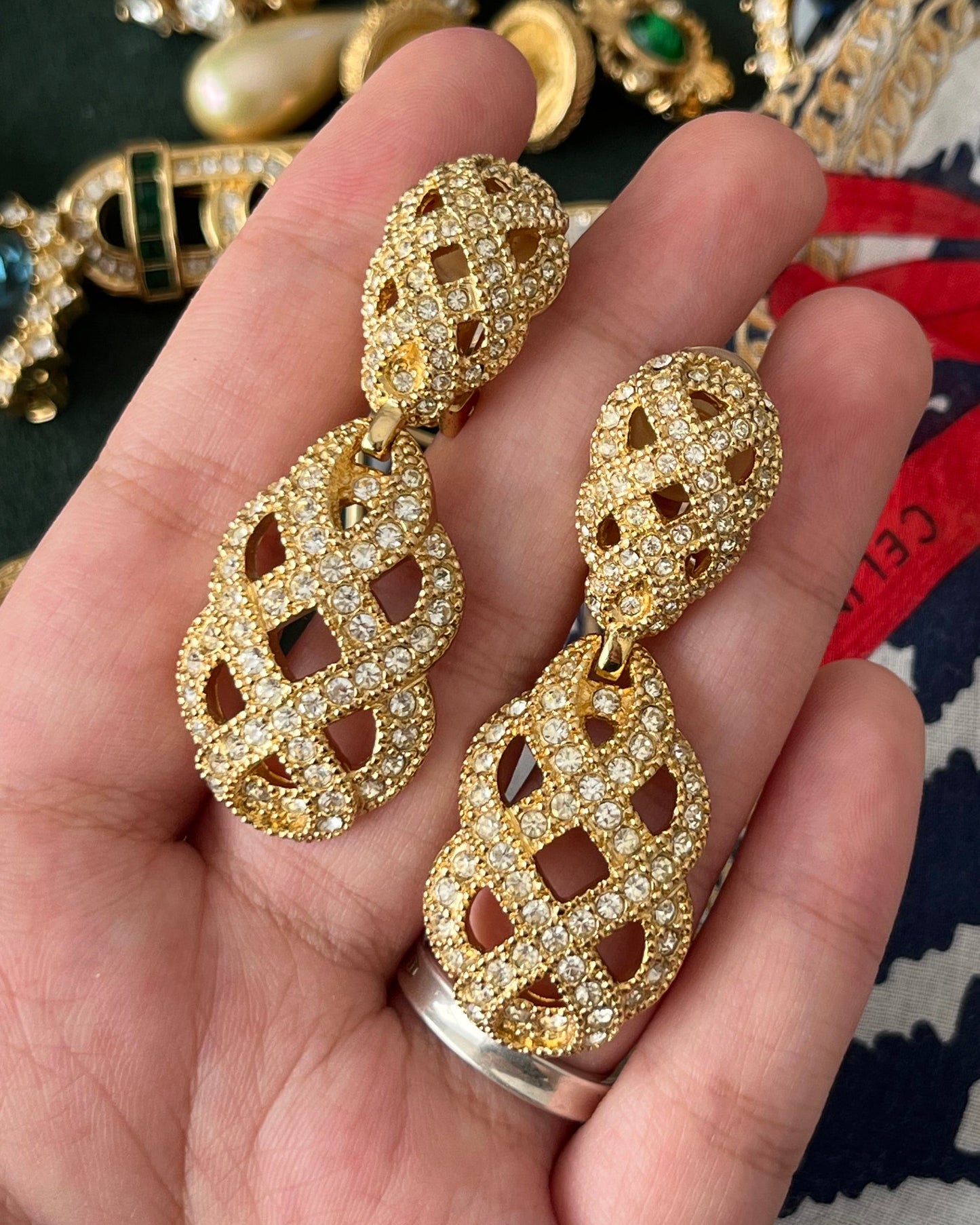 Vintage Christian Dior "Lace" Collection Hollow Braided Teardrop Dangle Drop Rhinestone Gold-Tone Clip-On Earrings