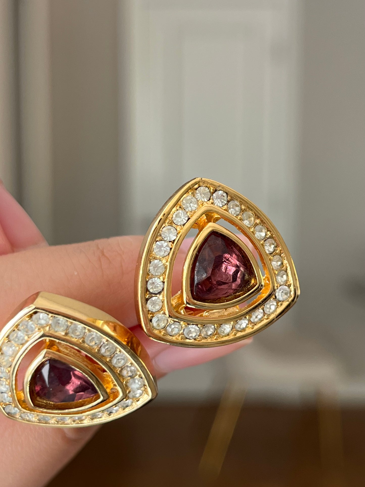 Vintage Christian Dior Triangular Purple Rhinestone Hollow Edge Gold-Tone Clip-On Earrings