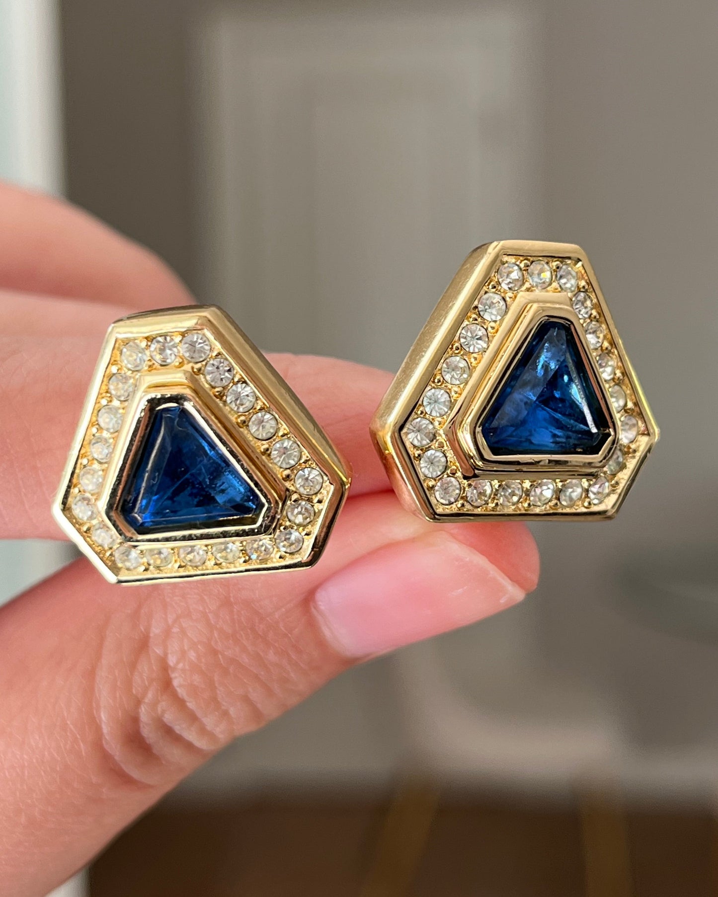Vintage Christian Dior Triangular Blue Molded Glass Cabochon Rhinestone Gold-Tone Clip-On Earrings