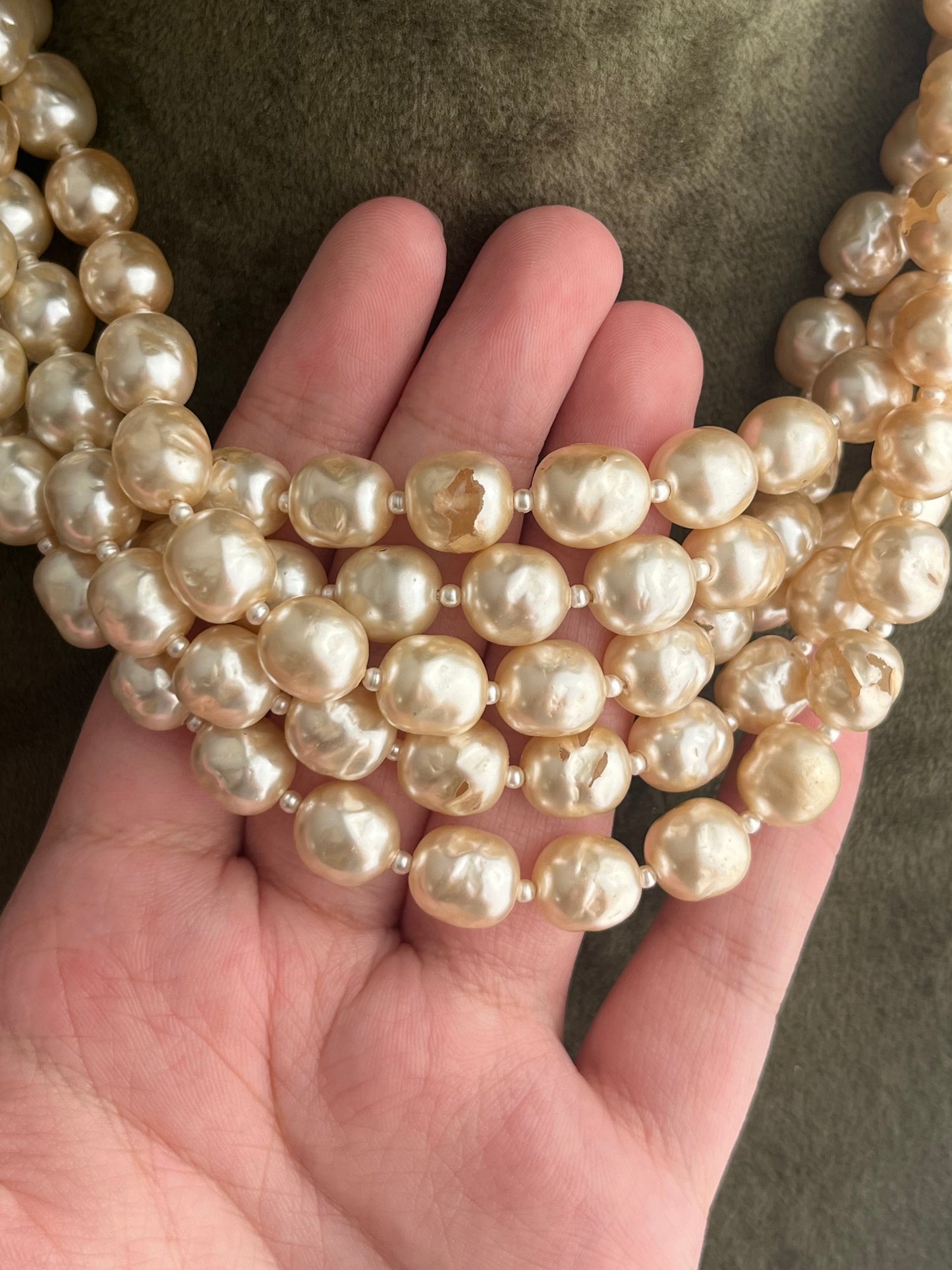 Vintage Miriam Haskell Classic "Niki" Baroque Glass Pearl Five-Stranded Beaded Layered Statement Necklace