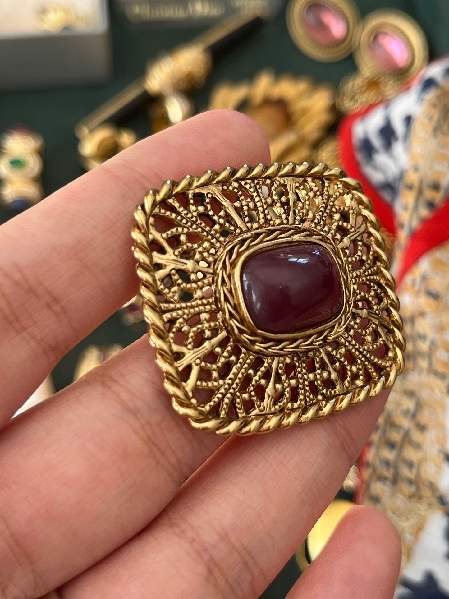 Vintage Givenchy "Filigree" Collection Book Piece Purple Resin Cabochon Rectangular Gold-Plated Brooch