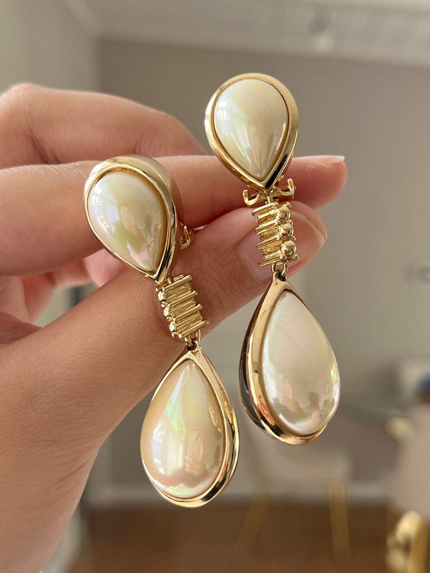 Vintage Christian Dior Pearl Black Enamel Rhinestone Pavé Teardrop Dangle Drop Long Shoulder Brush Two-Side Gold-Tone Clip-On Earrings