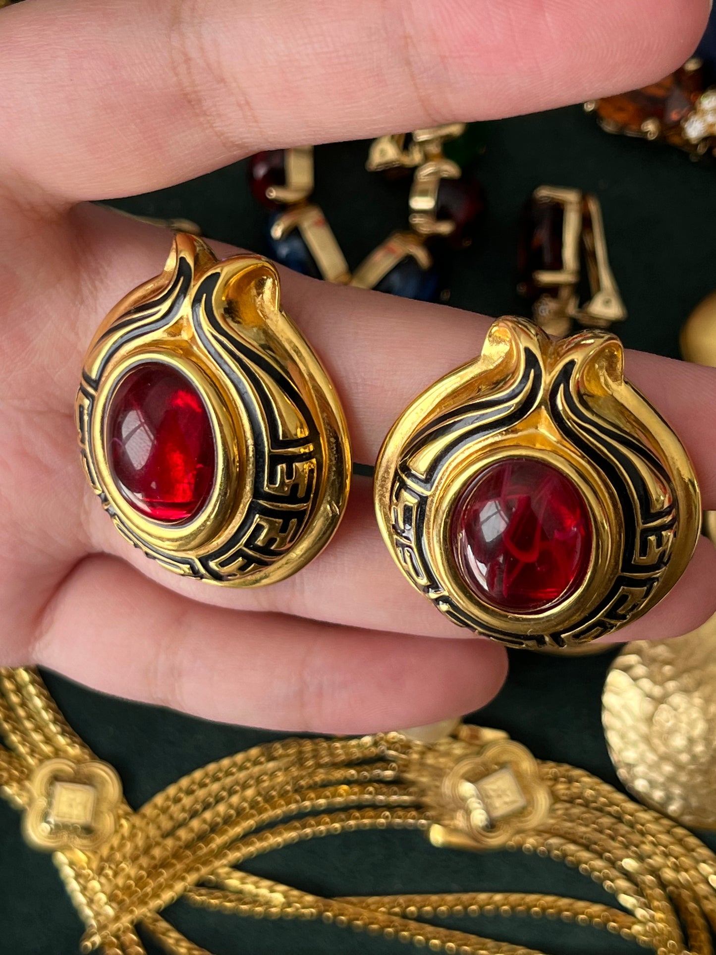 Vintage Fendi "Tulip" Collection Oval Red Swirly Poured Glass Cabochon Black Enamel Logo Gold-Tone Clip-On Earrings