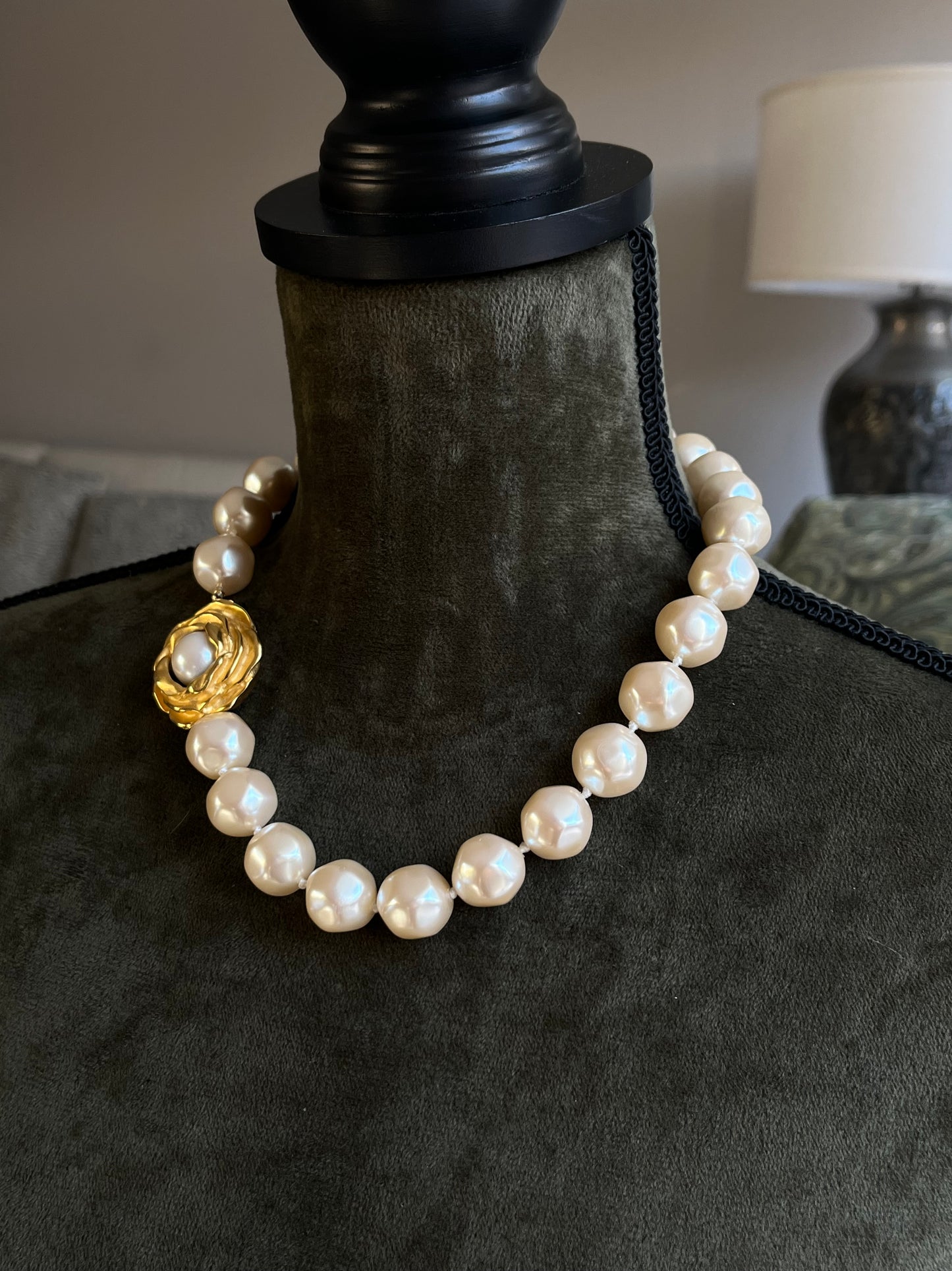 Vintage Givenchy "Rose" Collection Large Baroque Pearl Matte Gold Beaded Statement Necklace