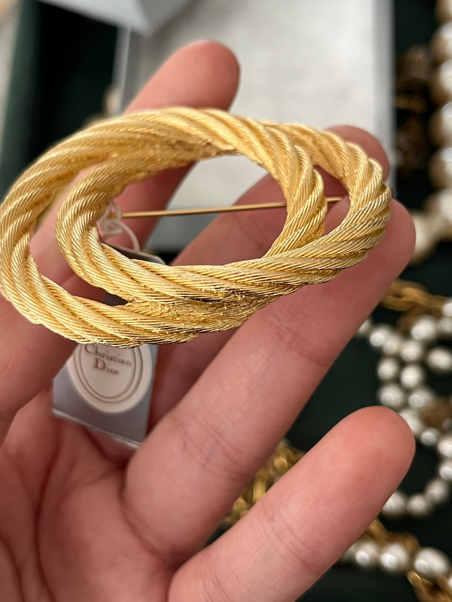 Vintage Christian Dior "Rope" Collection Double Knot Brushed Gold Gold-Tone Round Brooch New in Box