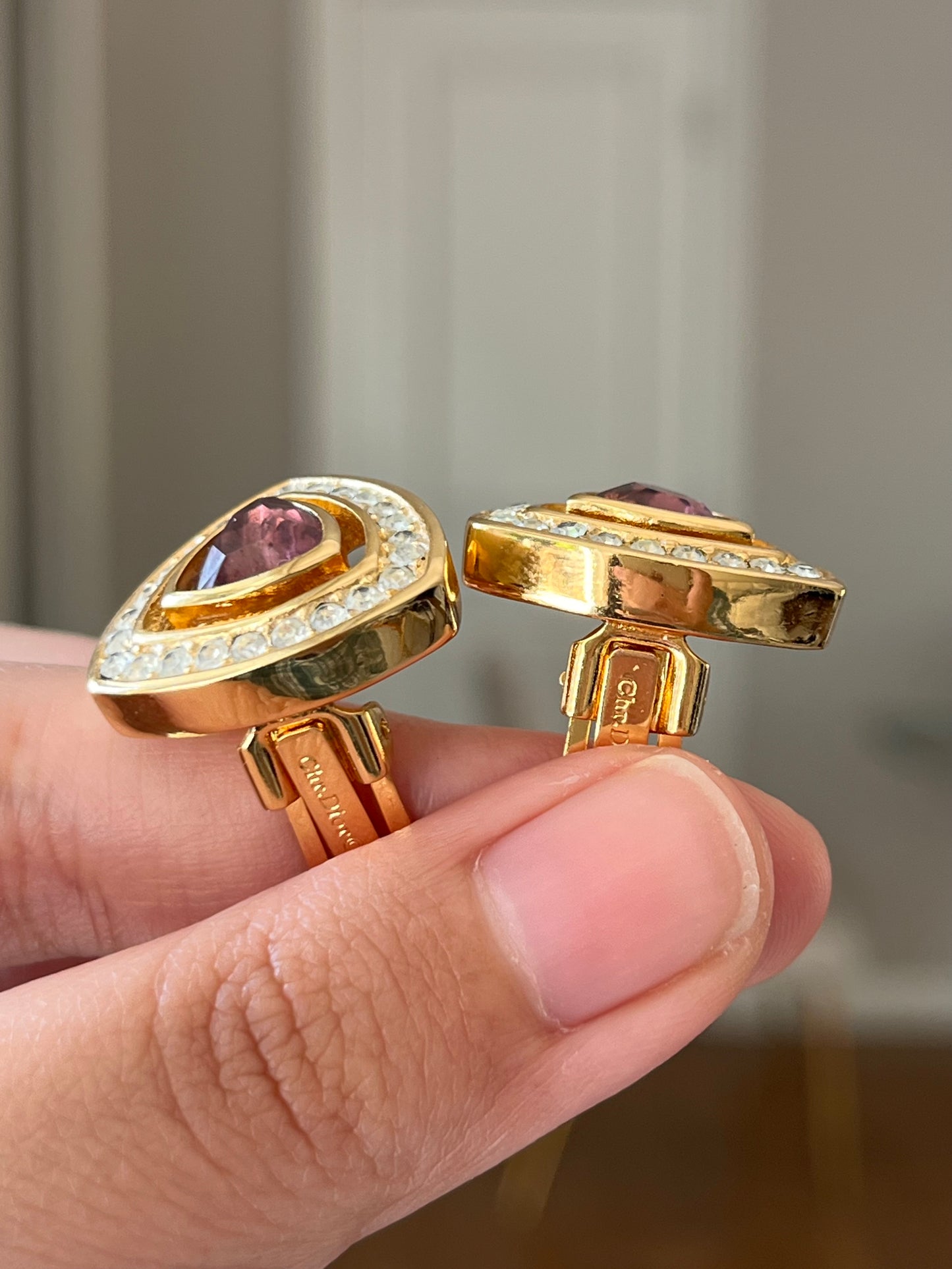 Vintage Christian Dior Triangular Purple Rhinestone Hollow Edge Gold-Tone Clip-On Earrings