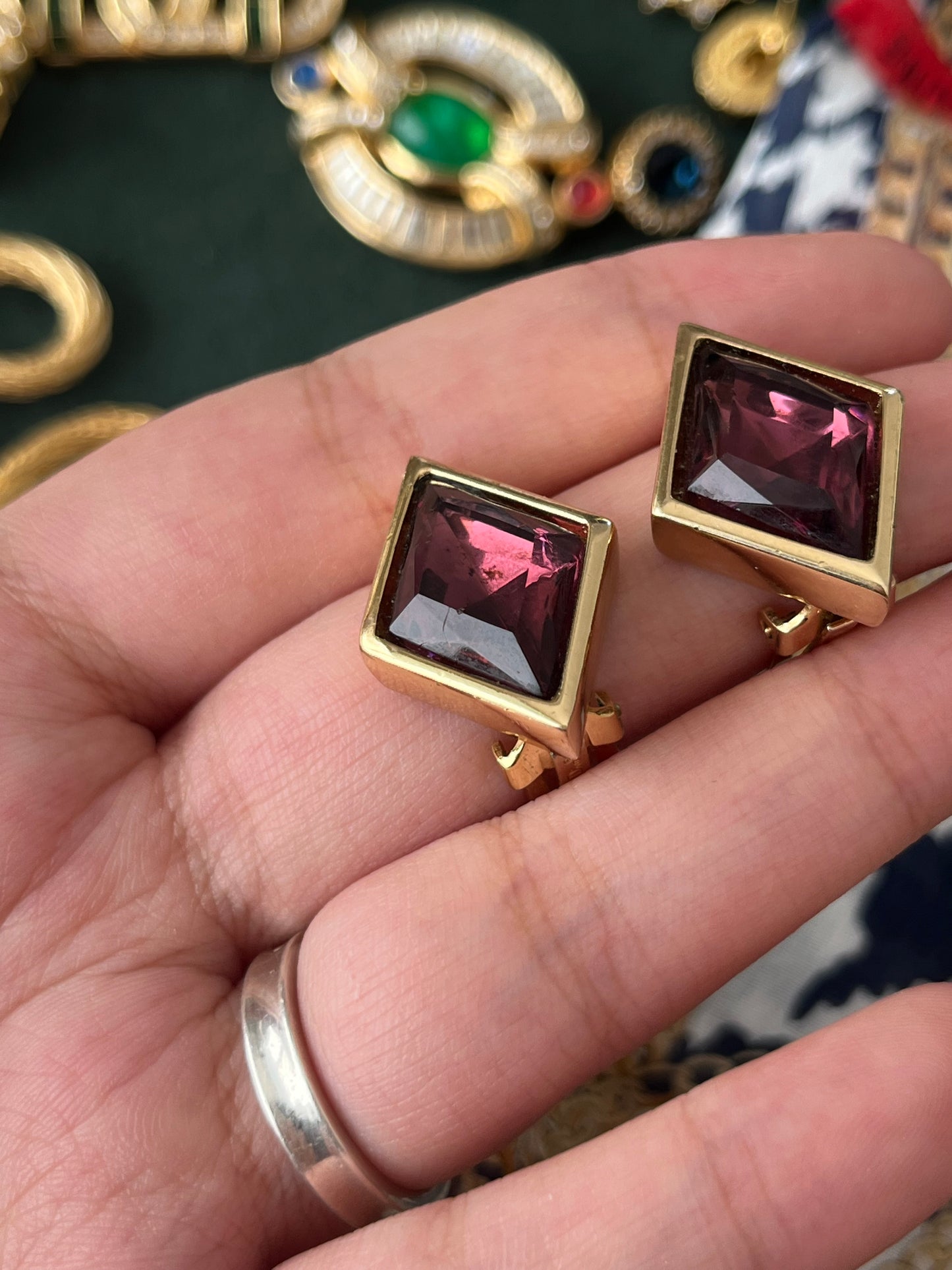 Vintage Christian Dior Diamond Cut Purple Rhinestone Bezel Set Gold-Tone Clip-On Earrings