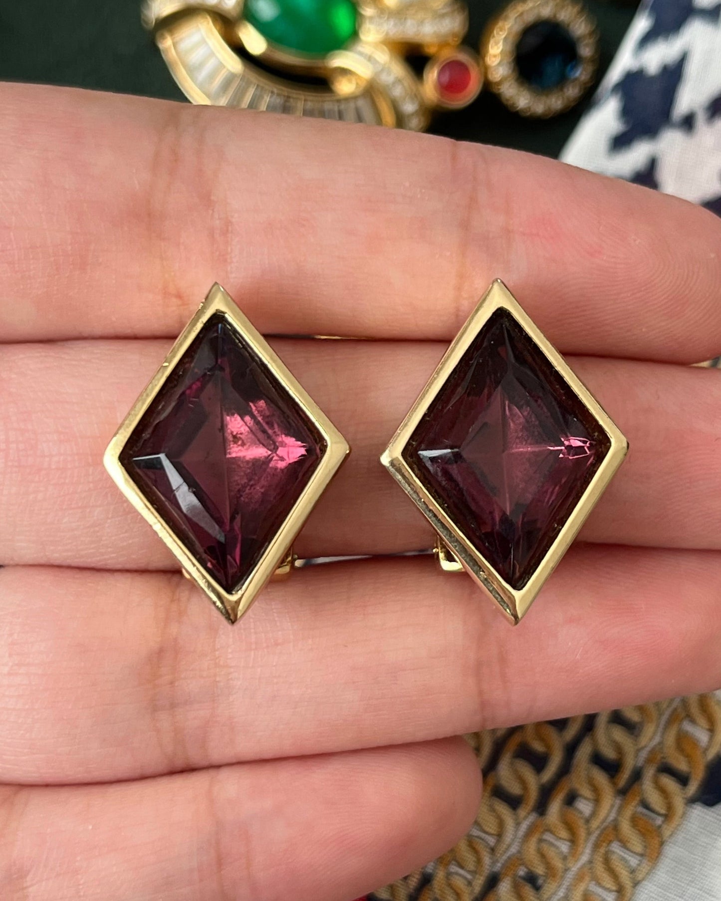 Vintage Christian Dior Diamond Cut Purple Rhinestone Bezel Set Gold-Tone Clip-On Earrings