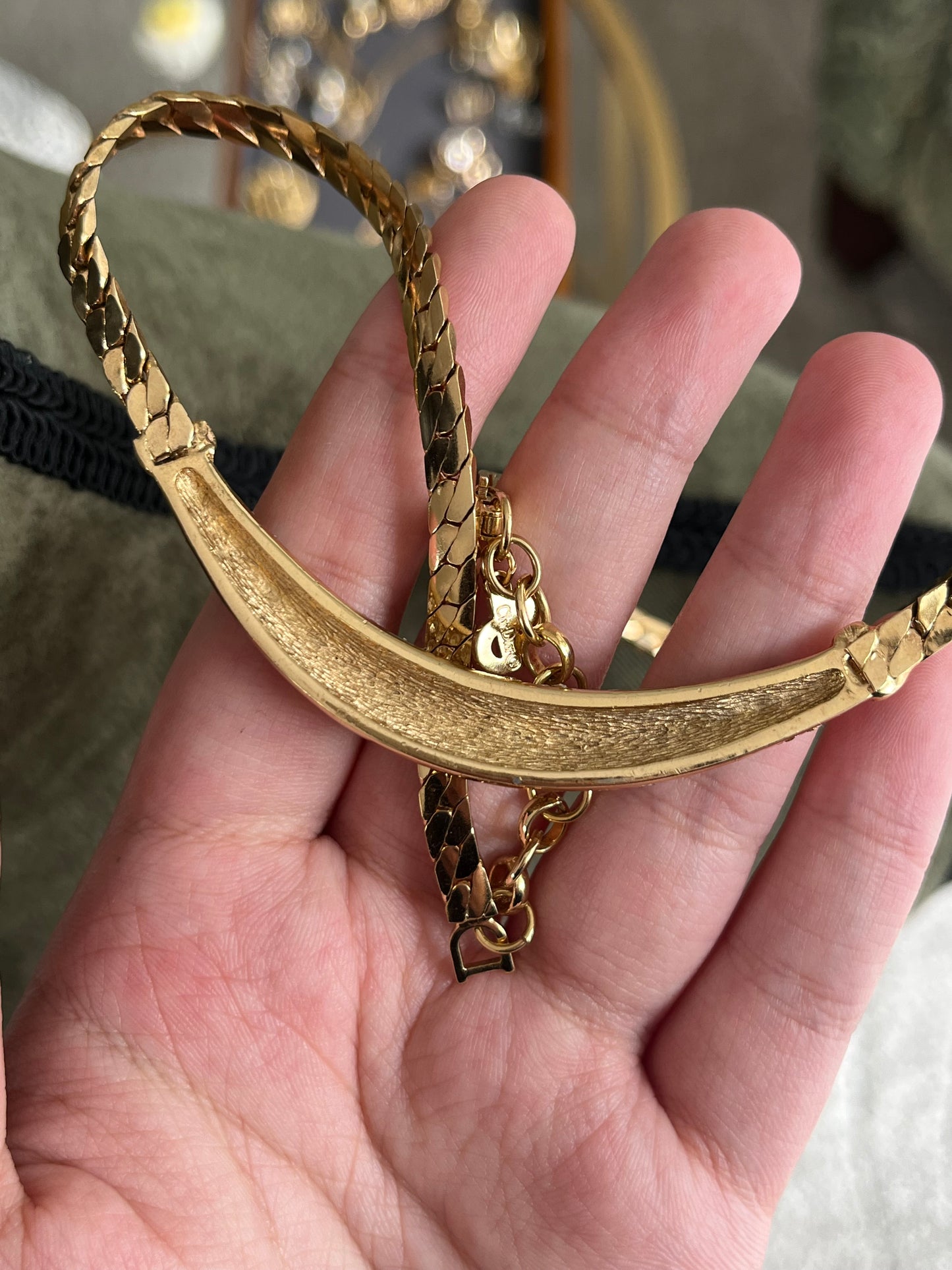 Vintage Christian Dior Crescent Moon Smile Rhinestone Pavé Gold-Tone Chain Necklace