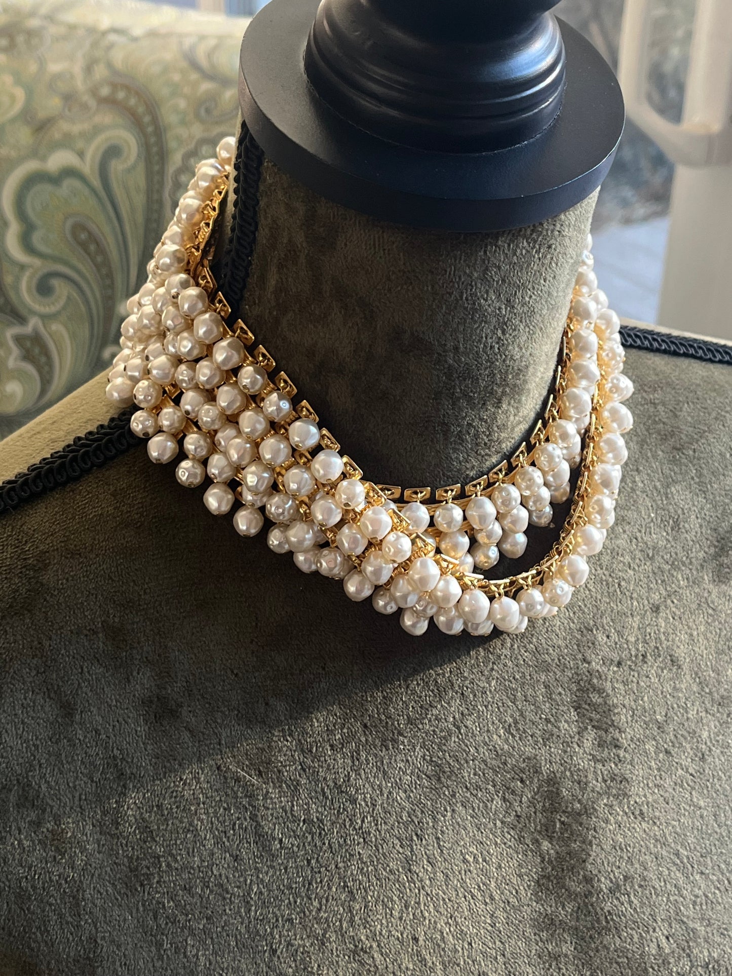 Vintage Christian Dior Baroque Pearl Tassel Droplet Gold-Tone Wide Waist Chain Belt