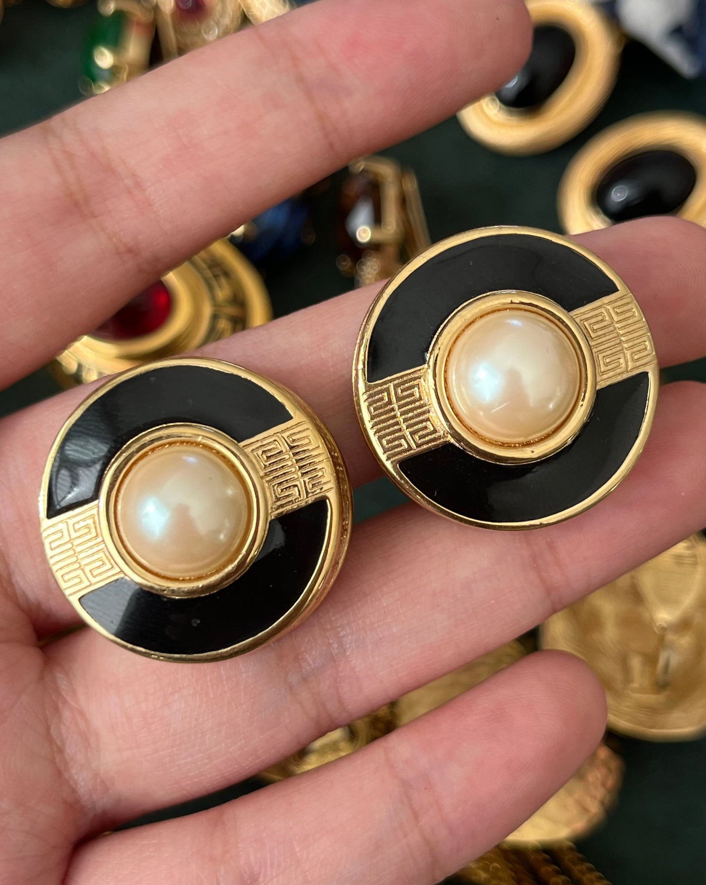 Vintage Givenchy Classic "G" Logo Pearl Black Enamel Round Gold-Plated Clip-On Earrings