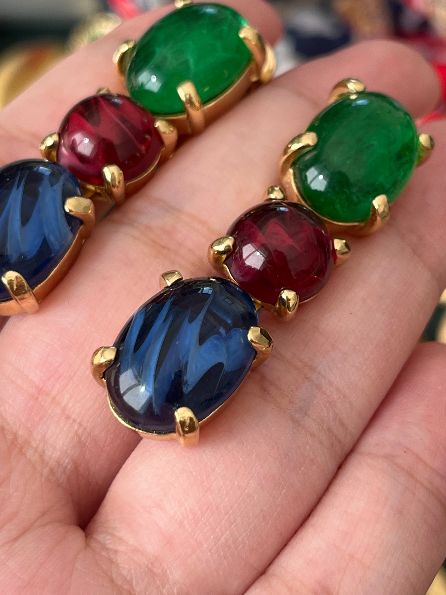 Vintage Christian Dior Tri-Color Oval Poured Swirly Glass Cabochon Prong Drop Gold-Tone Clip-On Earrings