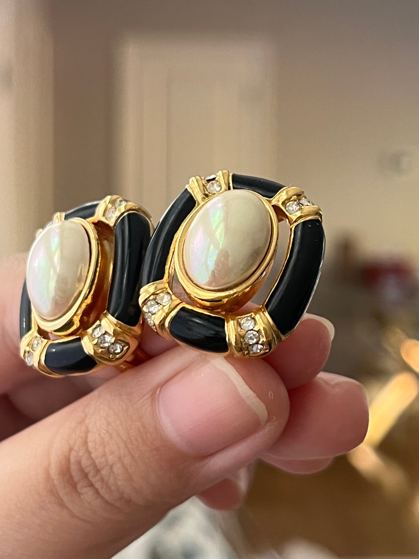 Vintage Christian Dior Oval Pearl Cabochon Hollow Black Enamel Edge Gold-Tone Clip-On Earrings