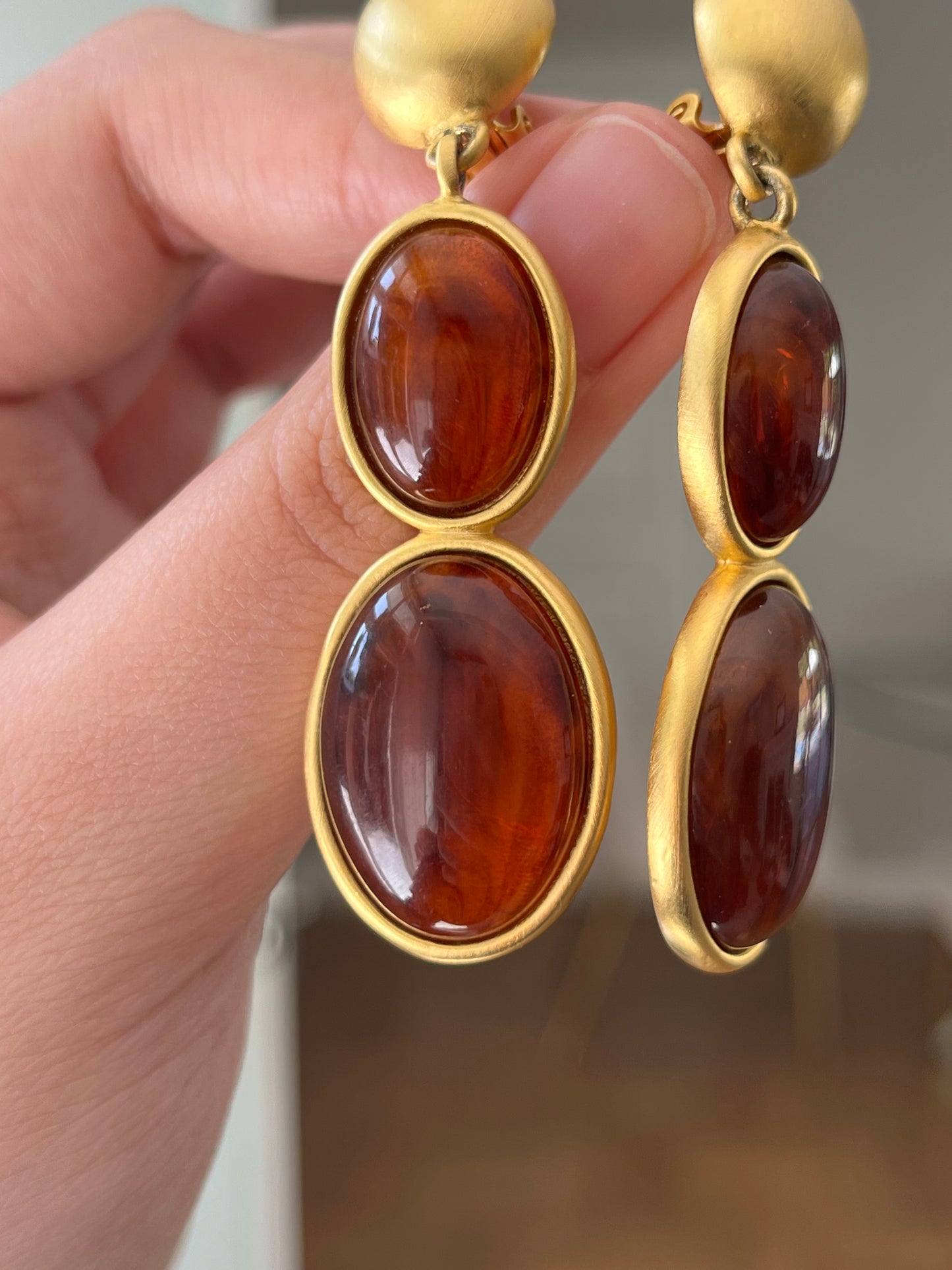 Vintage Givenchy Oval Amber Swirly Resin Cabochon Dangle Drop Long Shoulder Brush Matte Gold-Tone Clip-On Earrings