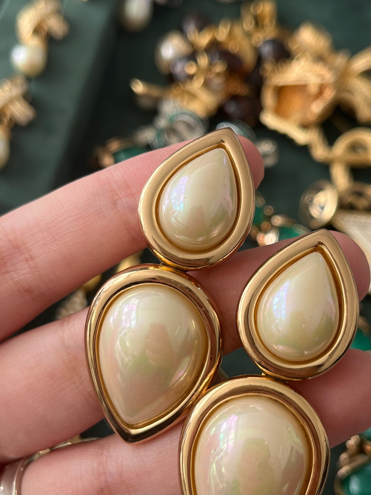 Vintage Christian Dior Teardrop Pearl Cabochon Dangle Drop Gold-Tone Clip-On Earrings