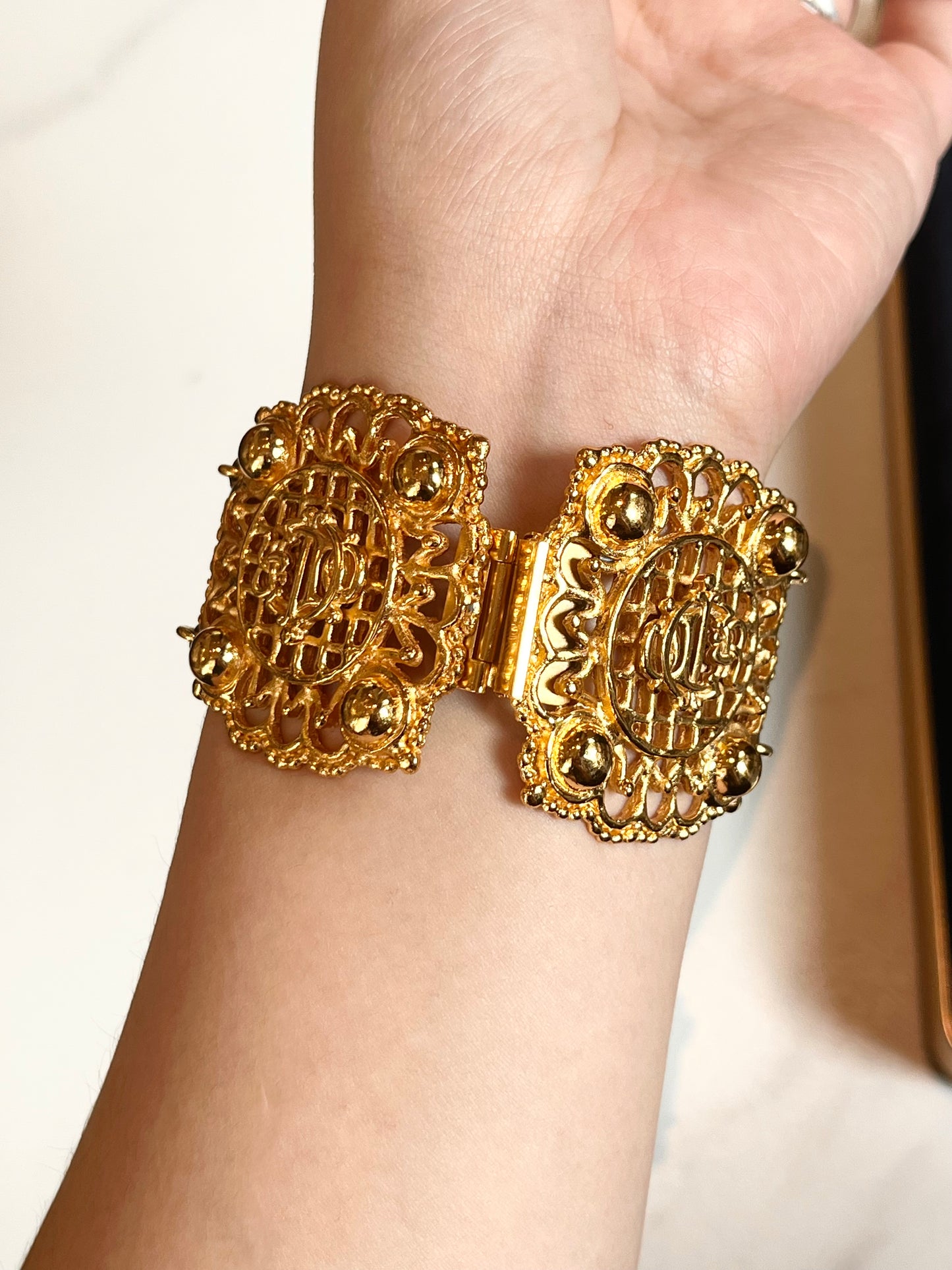 Vintage Christian Dior "Pumpkin Carriage" Collection Classic Monogram Logo Hollow Gold-Tone Bracelet Cuff Bangle