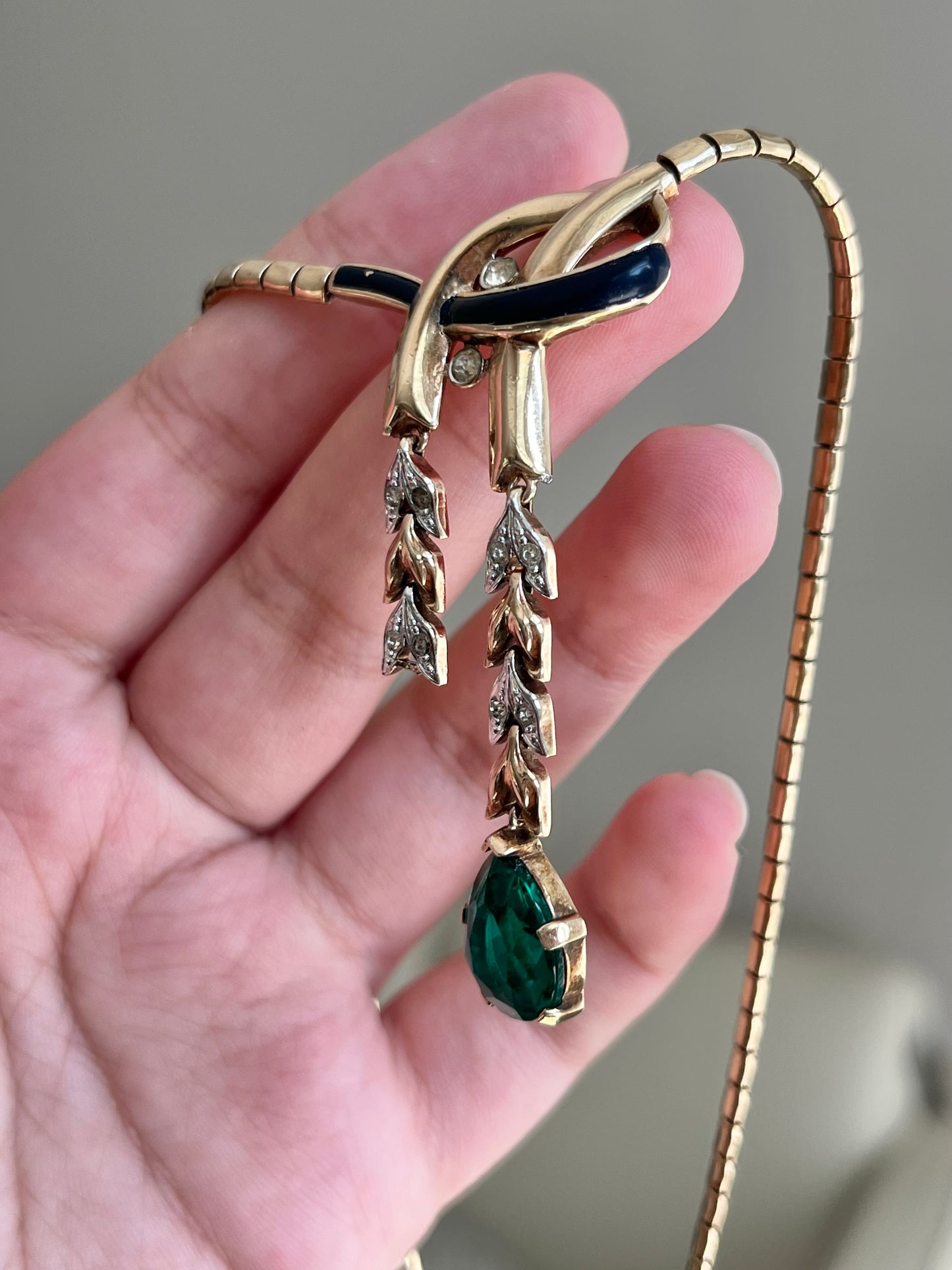 Vintage Trifari “Empress Eugénie” Collection 1940s Oval Topaz Droplet Gold Silver Two-Tone Y Necklace