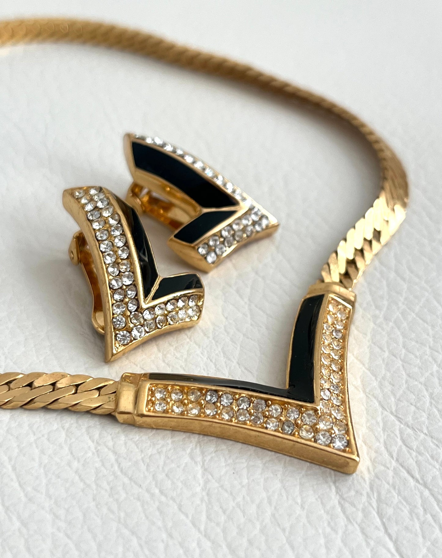 Vintage Christian Dior “V” Rhinestone Pavé Black Enamel Gold-Tone Clip-On Earrings Necklace Set