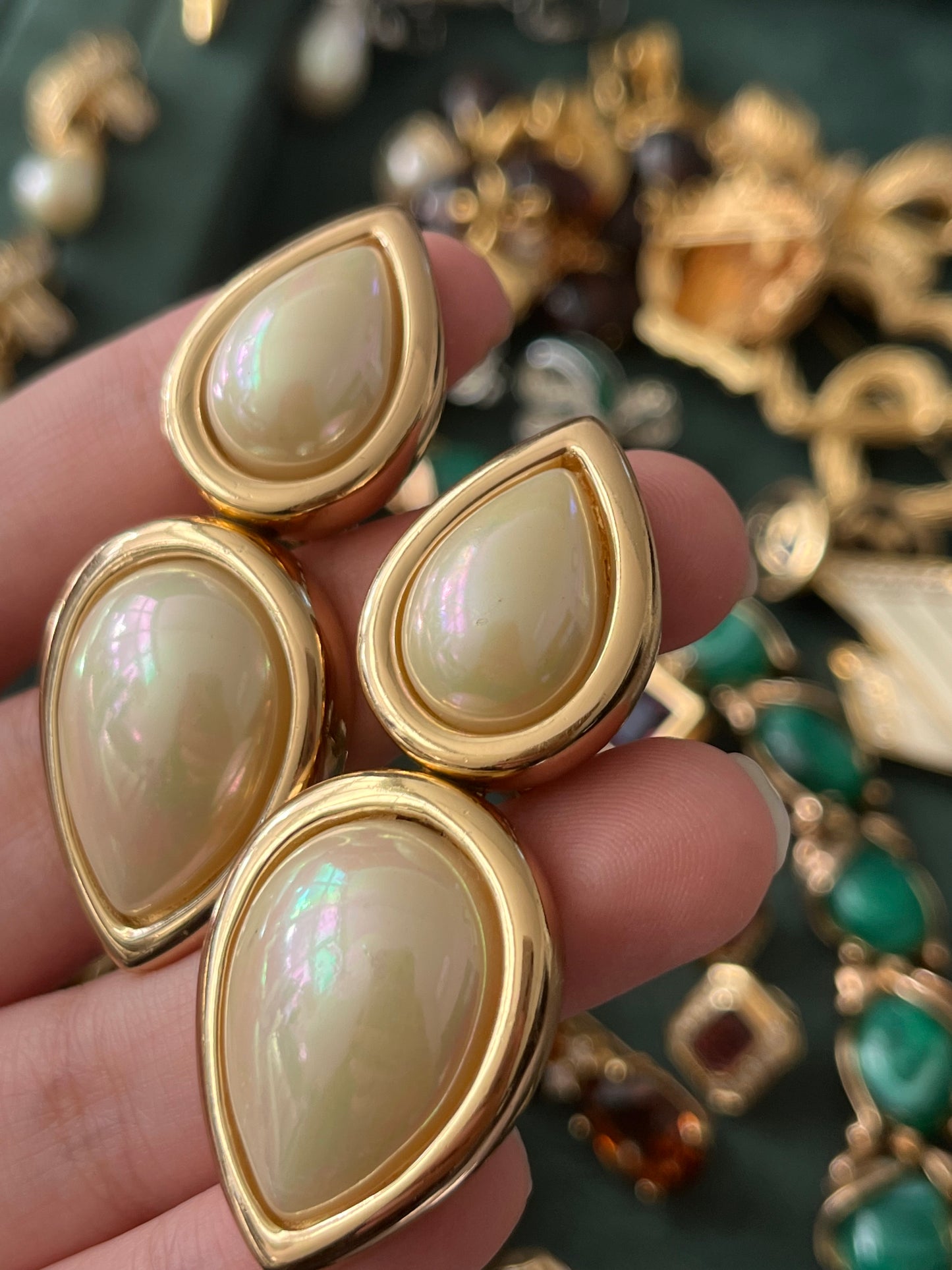 Vintage Christian Dior Teardrop Pearl Cabochon Dangle Drop Gold-Tone Clip-On Earrings