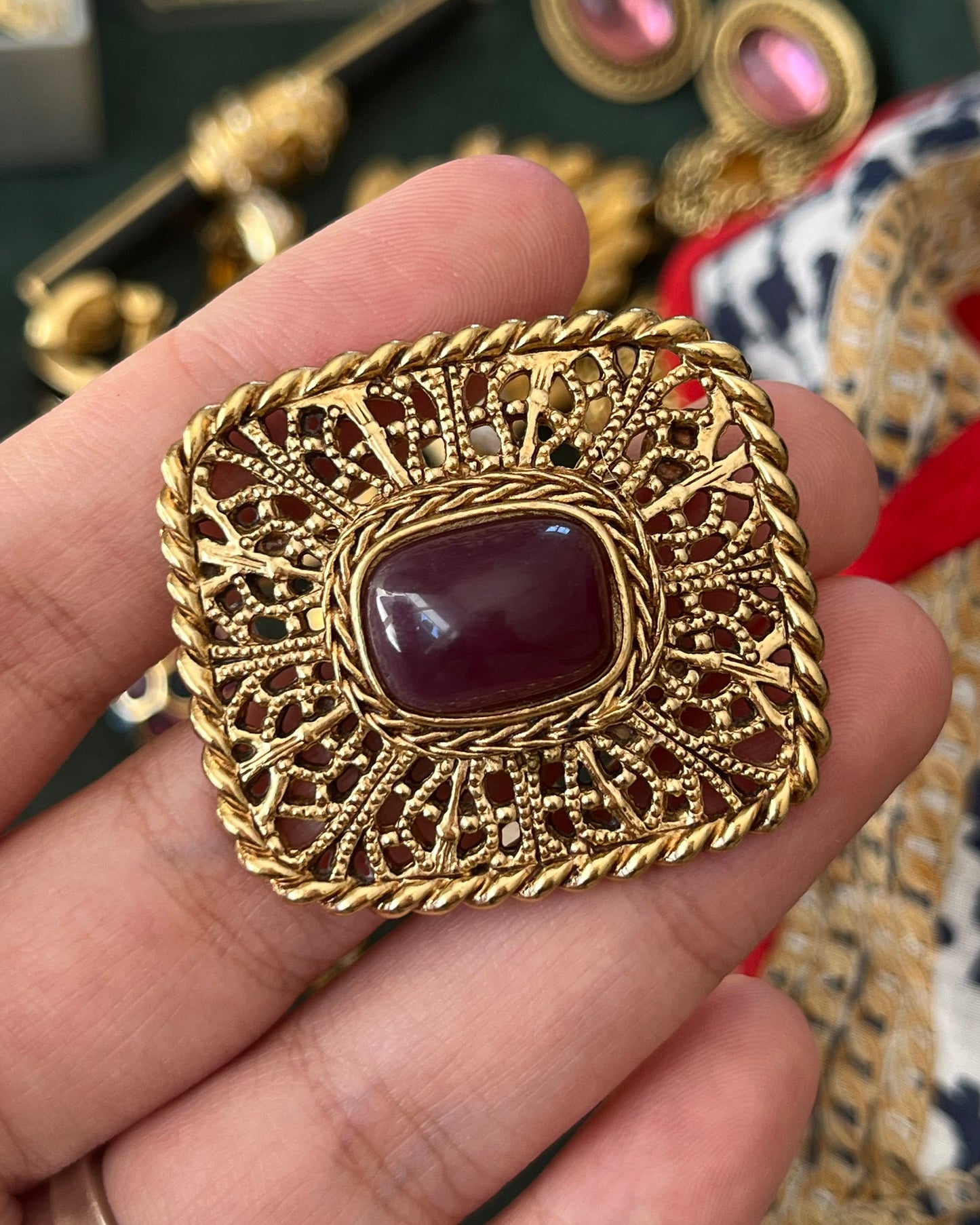 Vintage Givenchy "Filigree" Collection Book Piece Purple Resin Cabochon Rectangular Gold-Plated Brooch