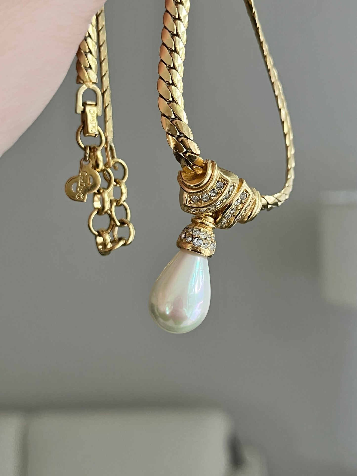 Vintage Christian Dior Rhinestone Knot Teardrop Pearl Drop Gold-Tone Necklace