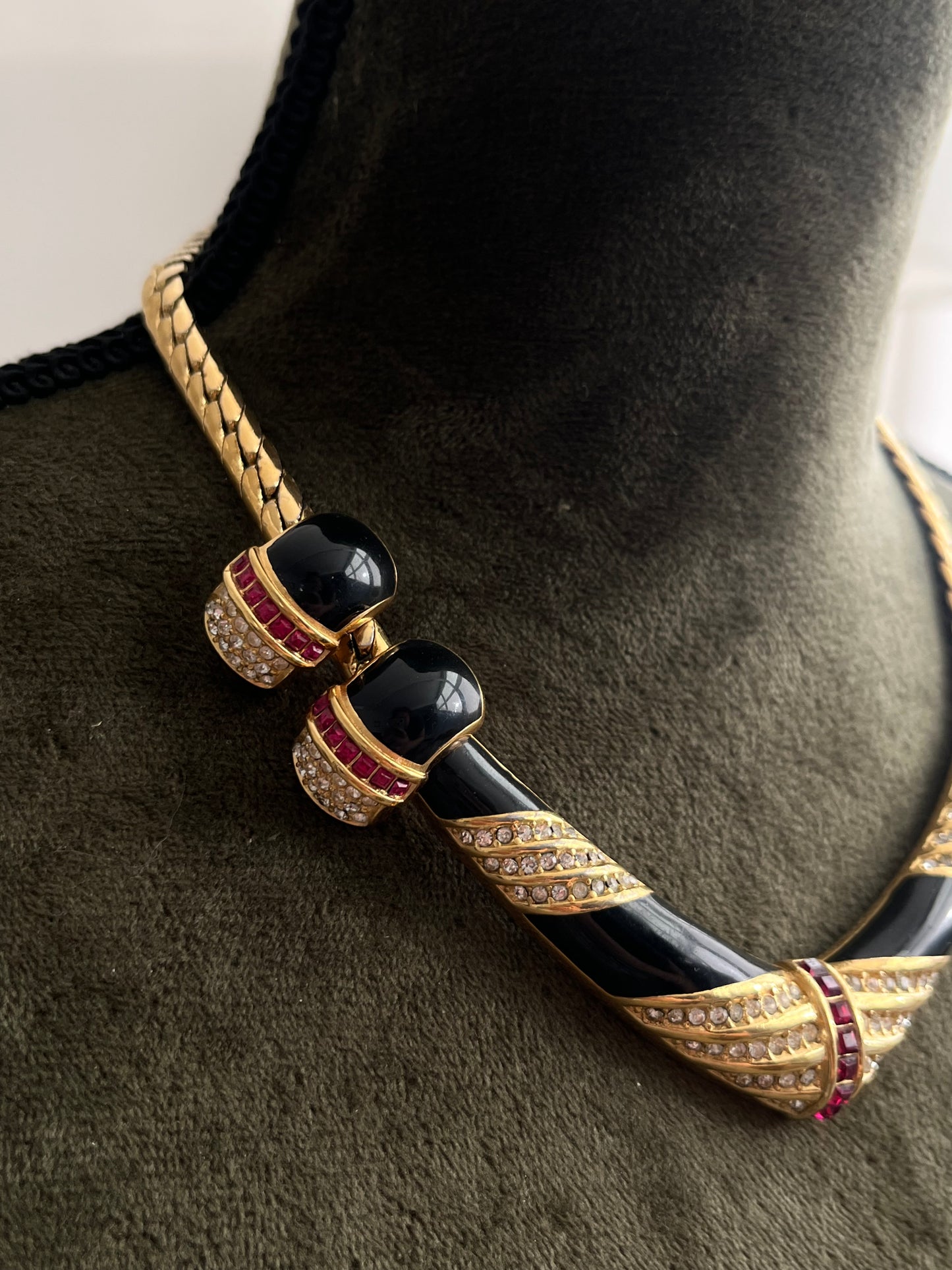 Vintage Christian Dior "V" Square Red Rhinestone Black Enamel Gold-Tone Clip-On Earrings Necklace Set