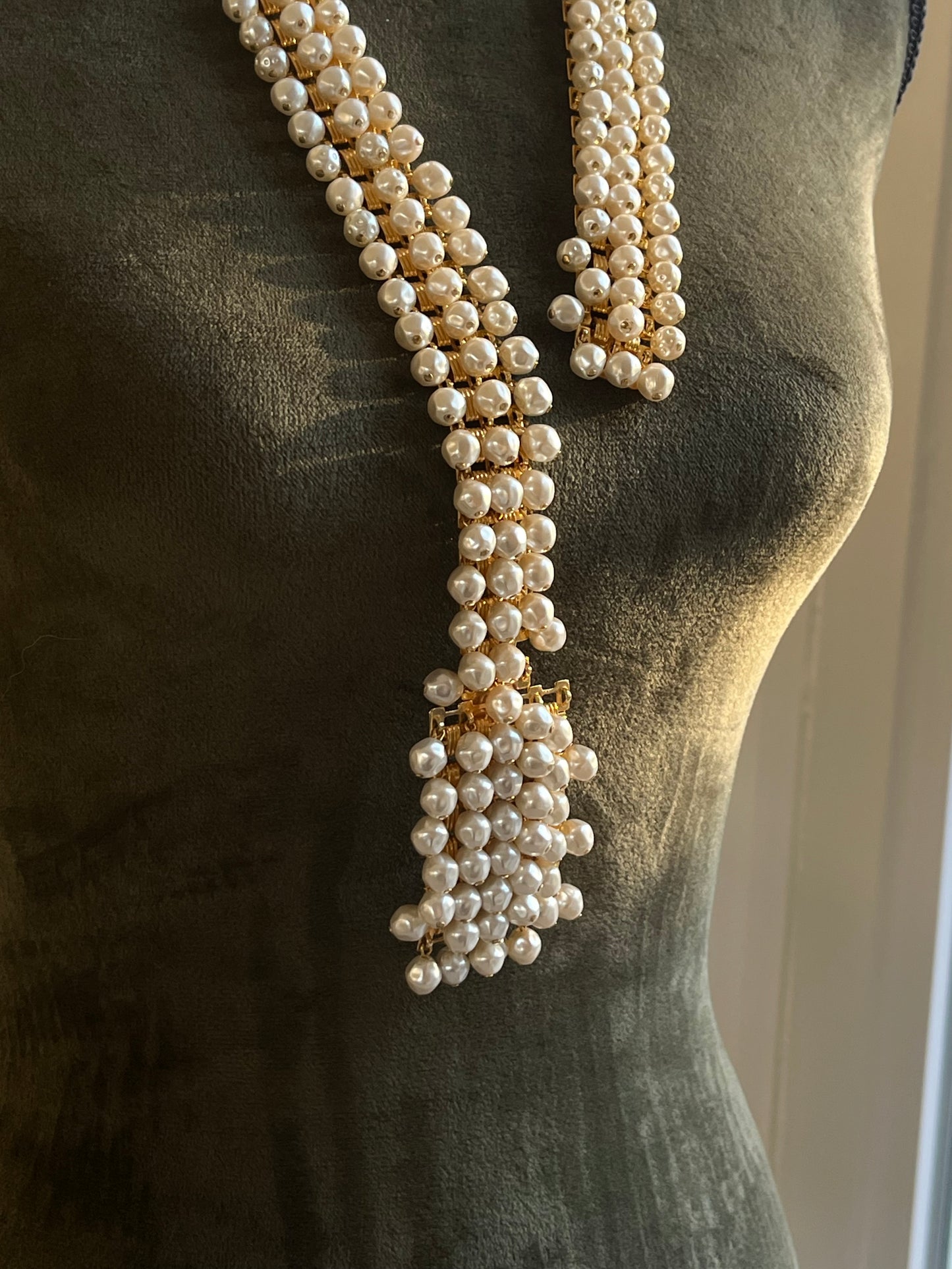 Vintage Christian Dior Baroque Pearl Tassel Droplet Gold-Tone Wide Waist Chain Belt