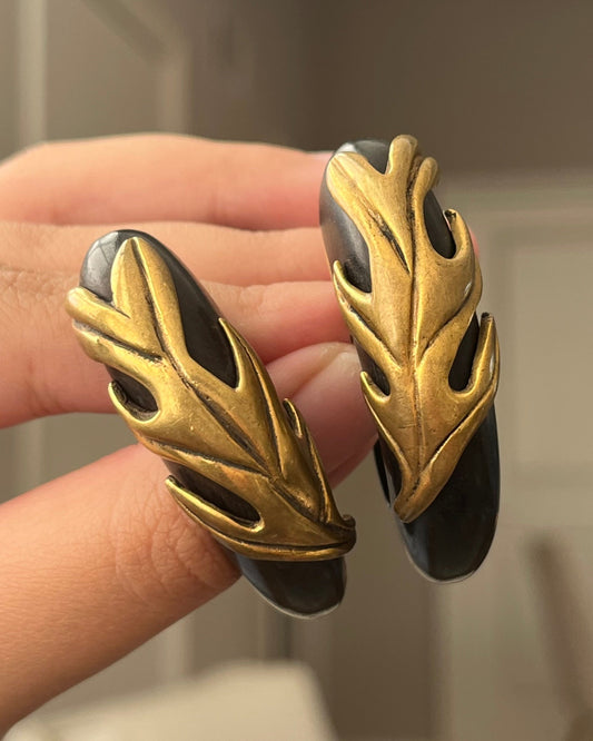 Vintage Isabel Canovas Vine Leaf Natural Wood Hoop Bronze Gold-Plated Clip-On Earrings