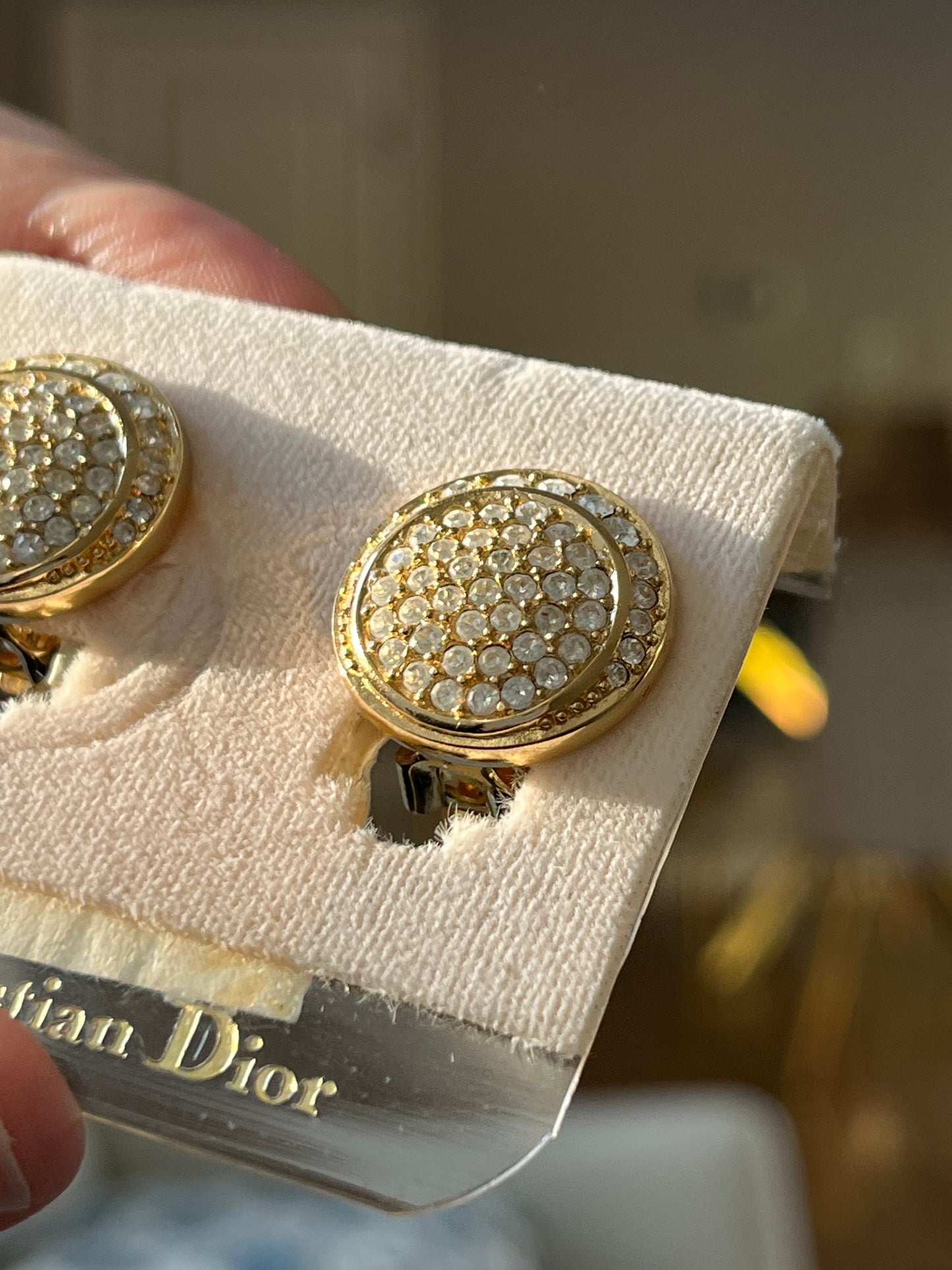 Vintage Christian Dior Rhinestone Pavé Round Gold-Tone Clip-On Earrings with Card