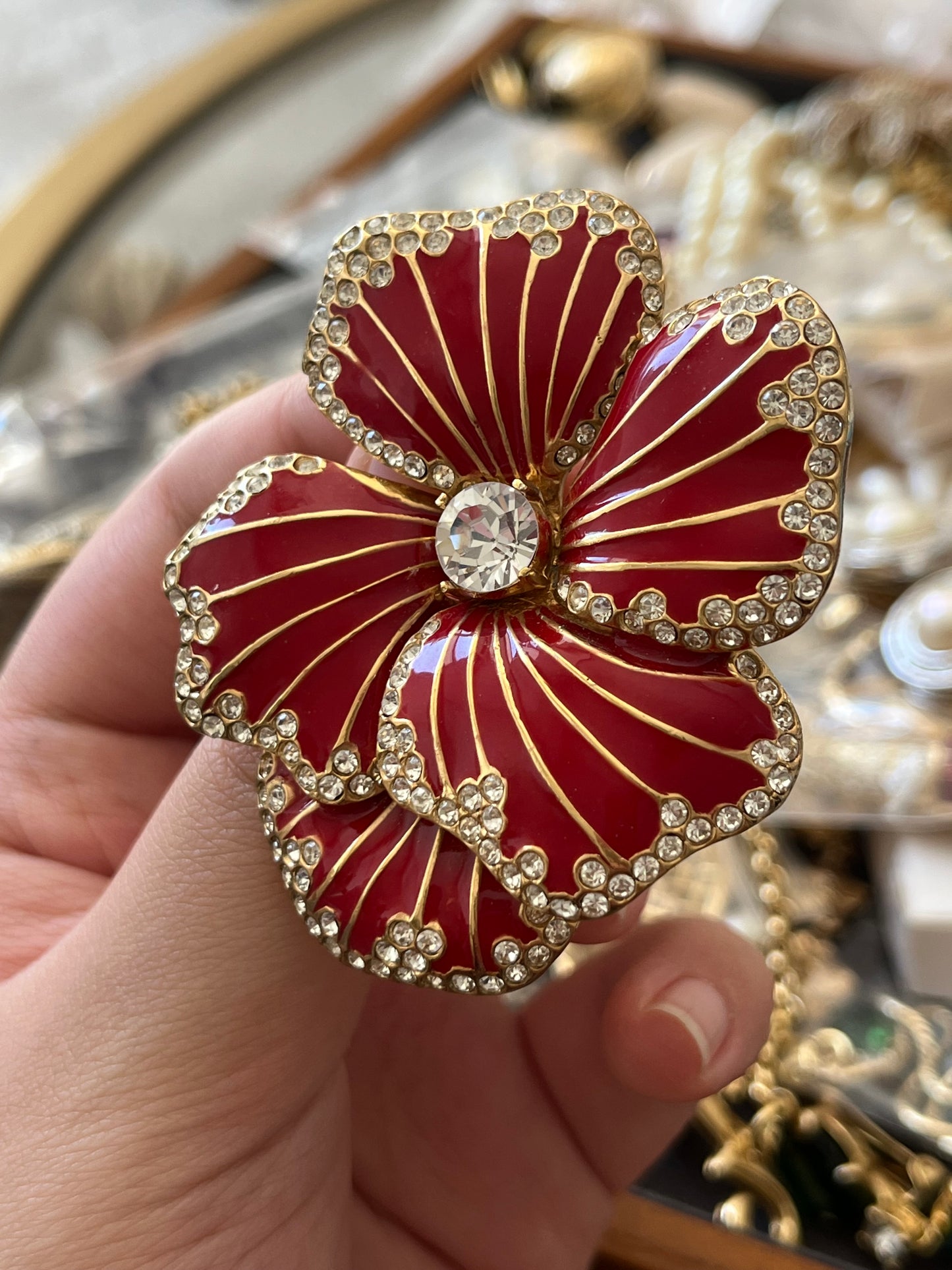 Vintage Ciner Dahlia Flower Red Enamel Rhinestone Edge Stripped Gold-Tone Brooch