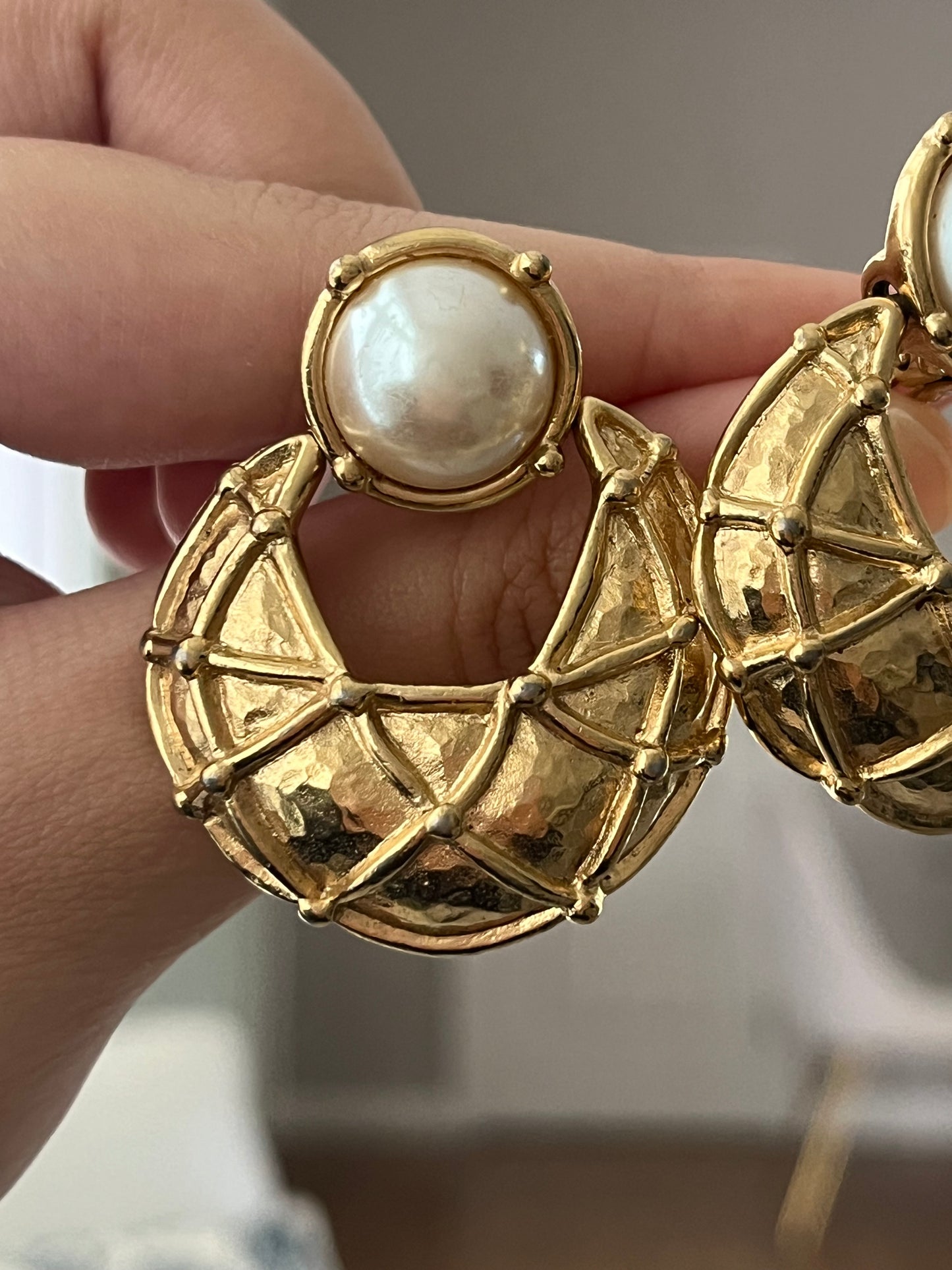 Vintage Givenchy Door Knocker Round Pearl Quilted Drop Gold-Tone Clip-On Earrings