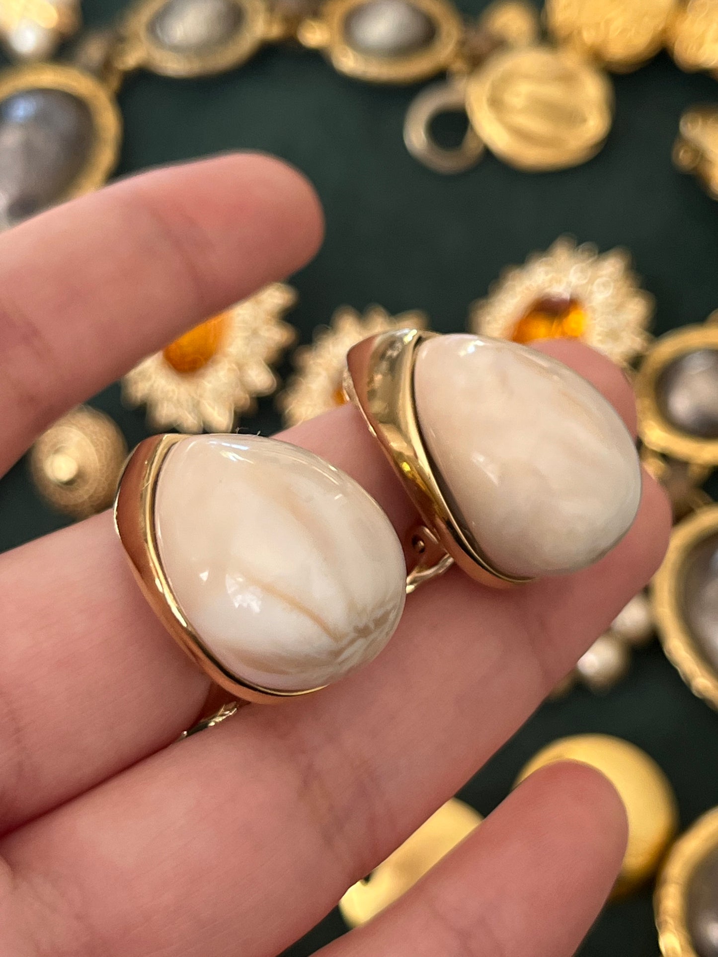 Vintage Givenchy Teardrop Cream Faux Marble Shell Resin Cabochon Gold-Tone Clip-On Earrings