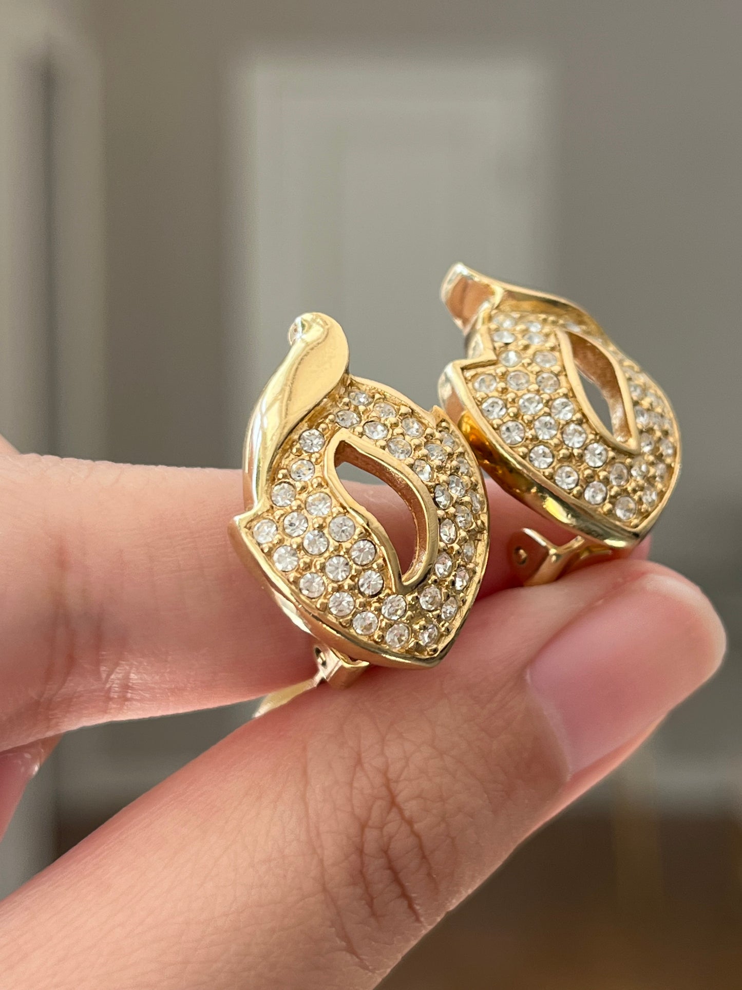 Vintage Christian Dior Pedal Flame Rhinestone Pavé Gold-Tone Clip-On Earrings