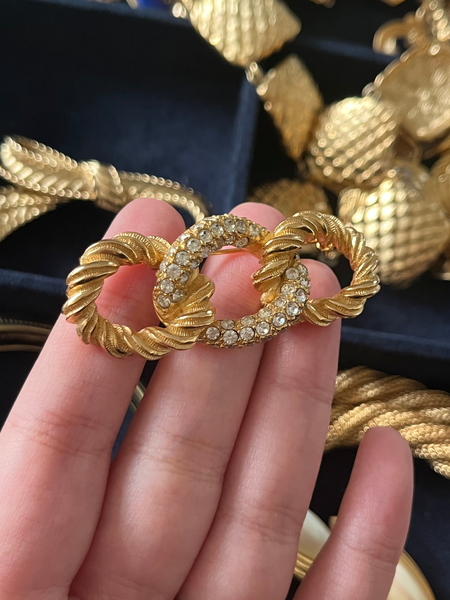 Vintage Christian Dior "Rope" Collection Braided Knot Brushed Gold Rhinestone Gold-Tone Bar Brooch