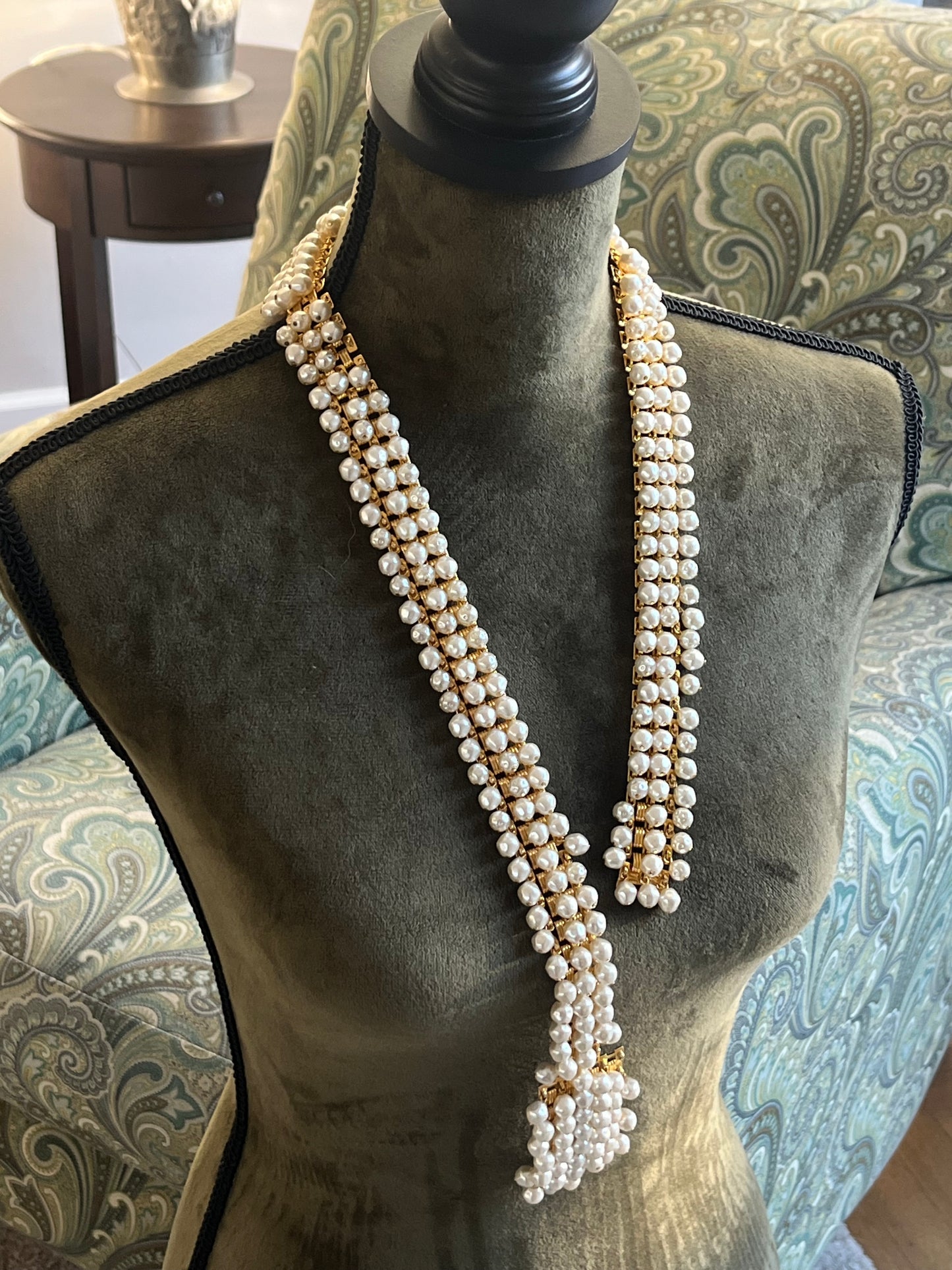 Vintage Christian Dior Baroque Pearl Tassel Droplet Gold-Tone Wide Waist Chain Belt