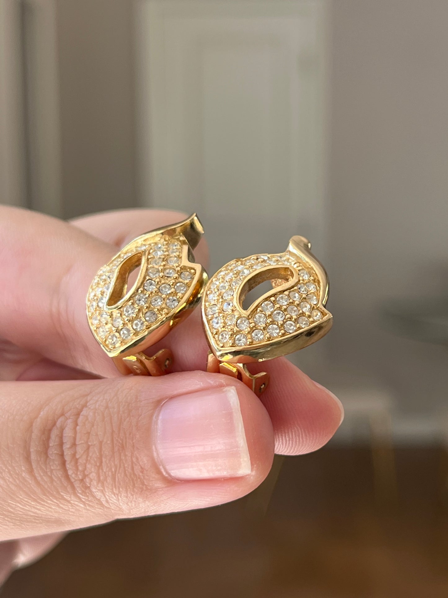Vintage Christian Dior Pedal Flame Rhinestone Pavé Gold-Tone Clip-On Earrings