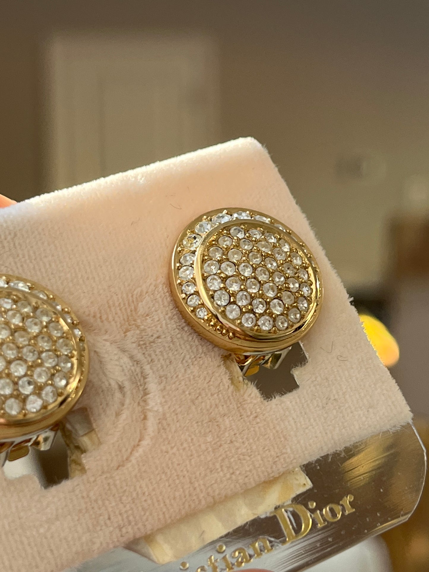 Vintage Christian Dior Rhinestone Pavé Round Gold-Tone Clip-On Earrings with Card