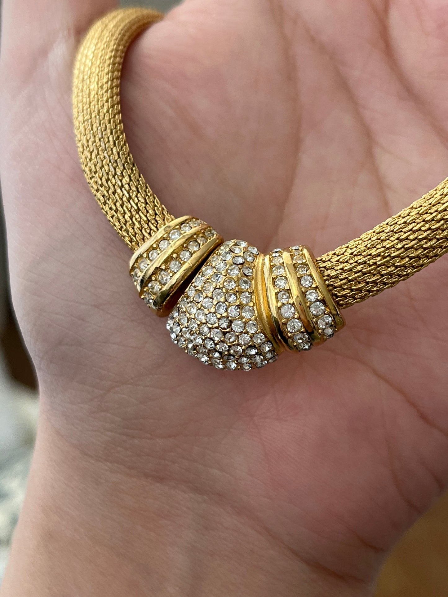 Vintage Christian Dior Rhinestone Pavé Braided Mesh Chain Gold-Tone Choker Necklace