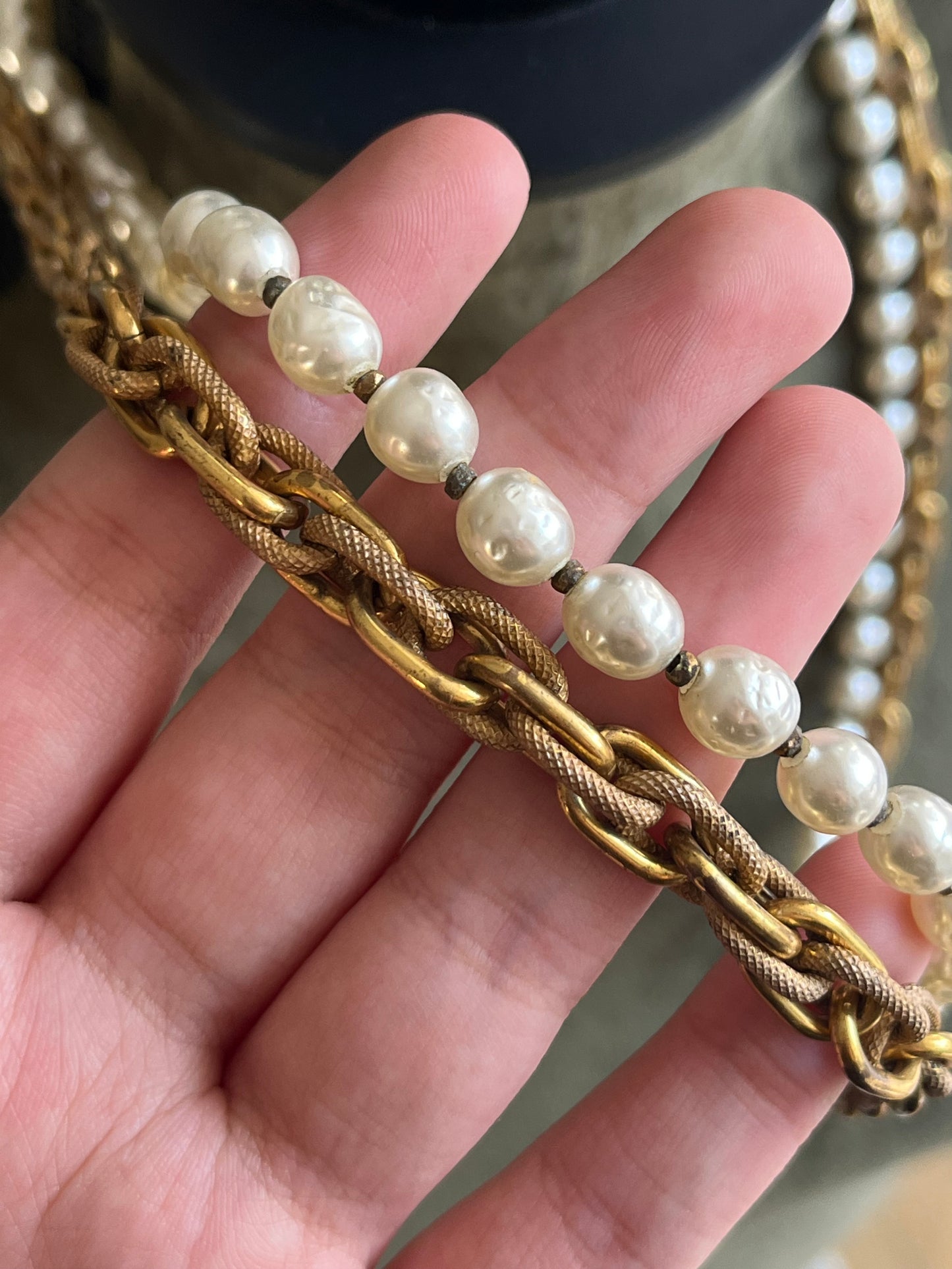 Vintage Miriam Haskell Classic "Niki" Baroque Glass Pearl Bronze-Tone Chain Long Necklace Set