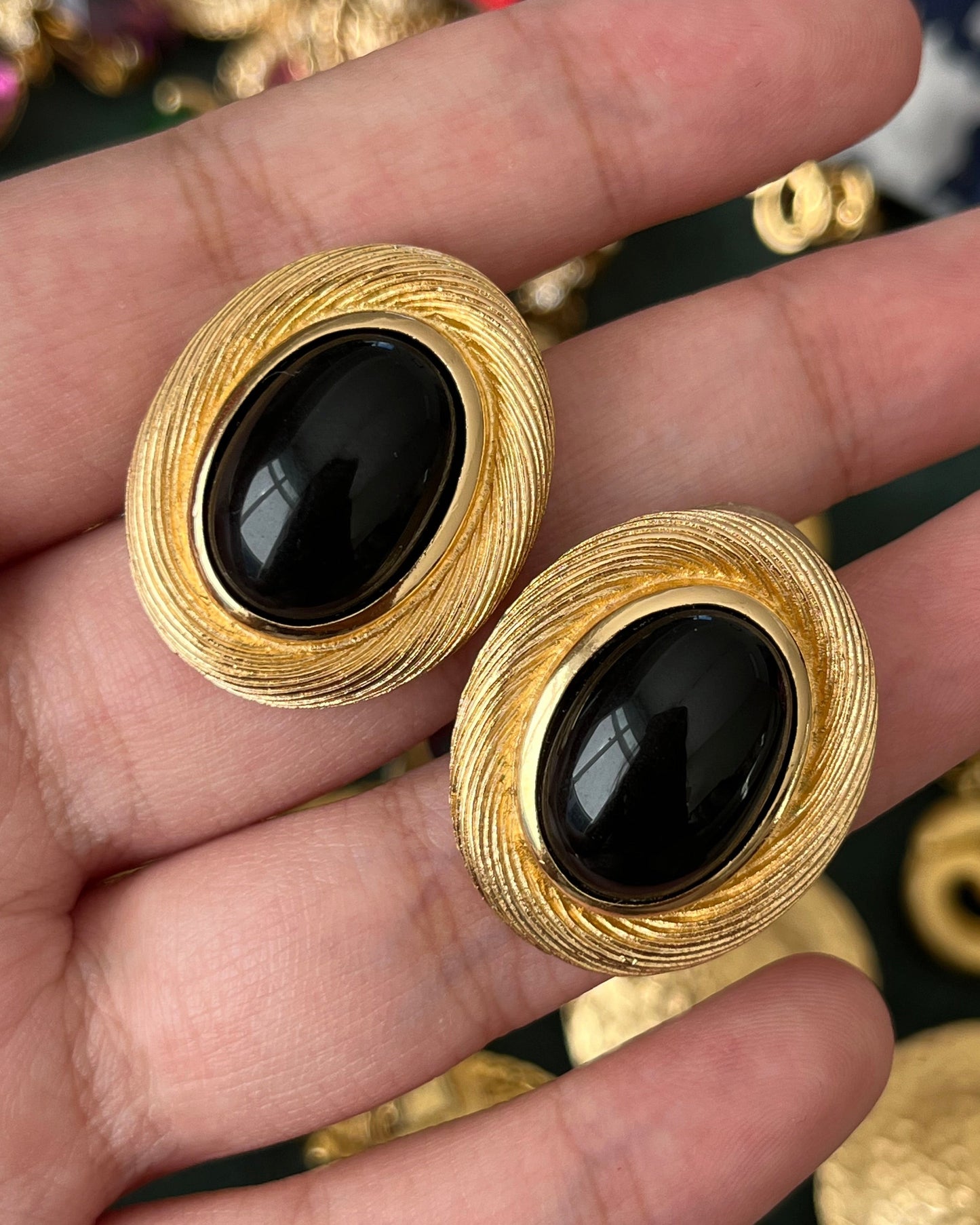 Vintage Christian Dior Oval Black Poured Glass Cabochon Brushed Gold Edge 14k Gold Post Pierced Earrings