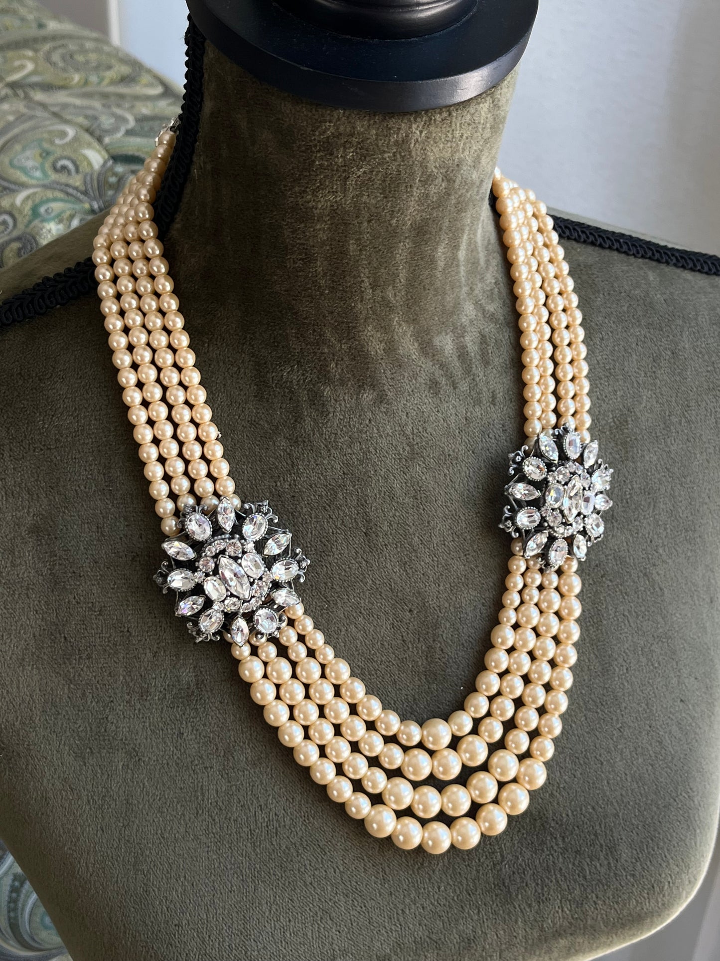 Vintage Ben-Amun Maltese Flower Accent Pearl Beaded Four-Stranded Layered Long Silver-Tone Statement Necklace