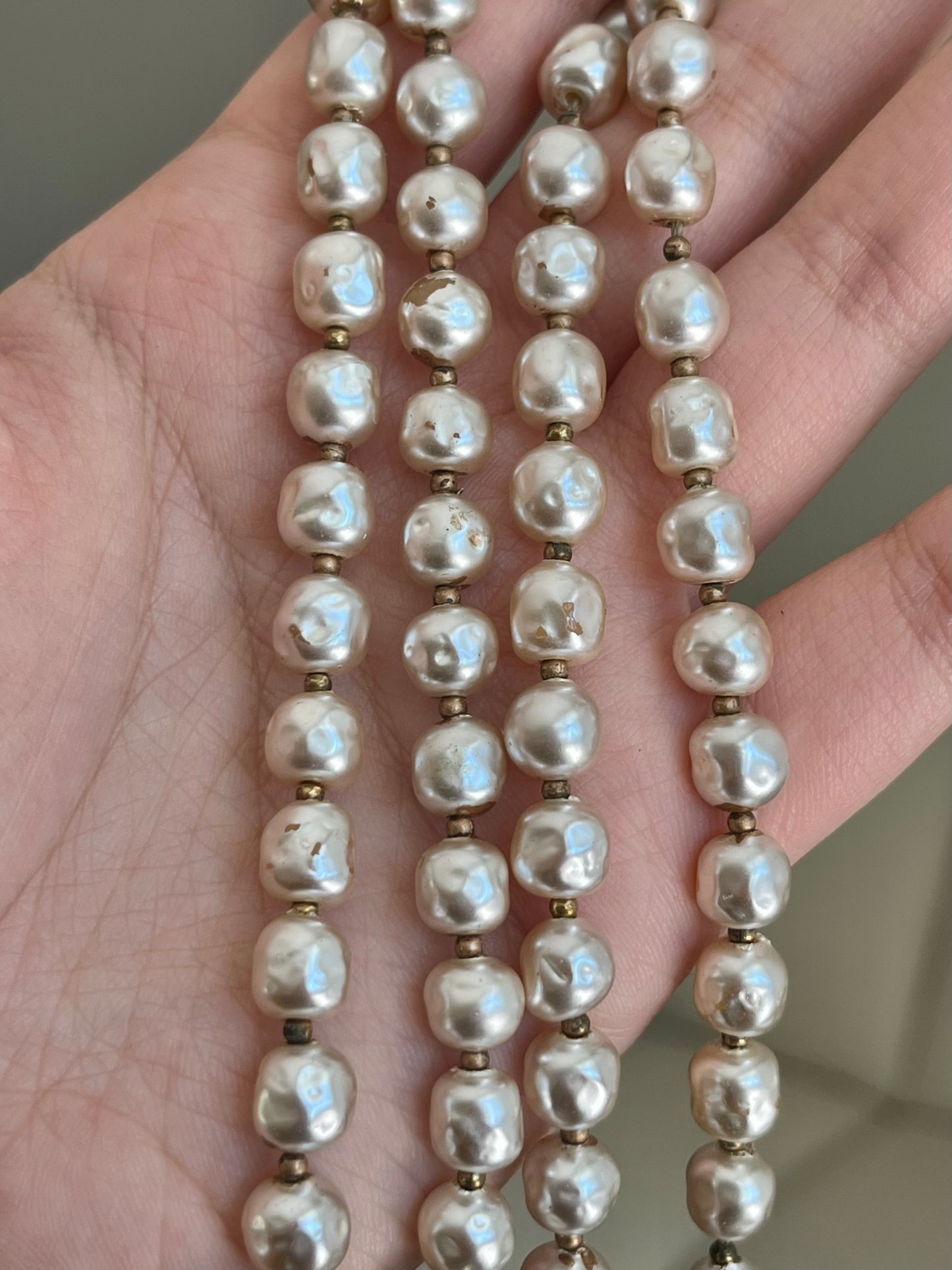 Vintage Unsigned Miriam Haskell Style Baroque Glass Pearl Double-Stranded Layered Rhinestone Brushed Gold-Tone Flower Clasp Necklace