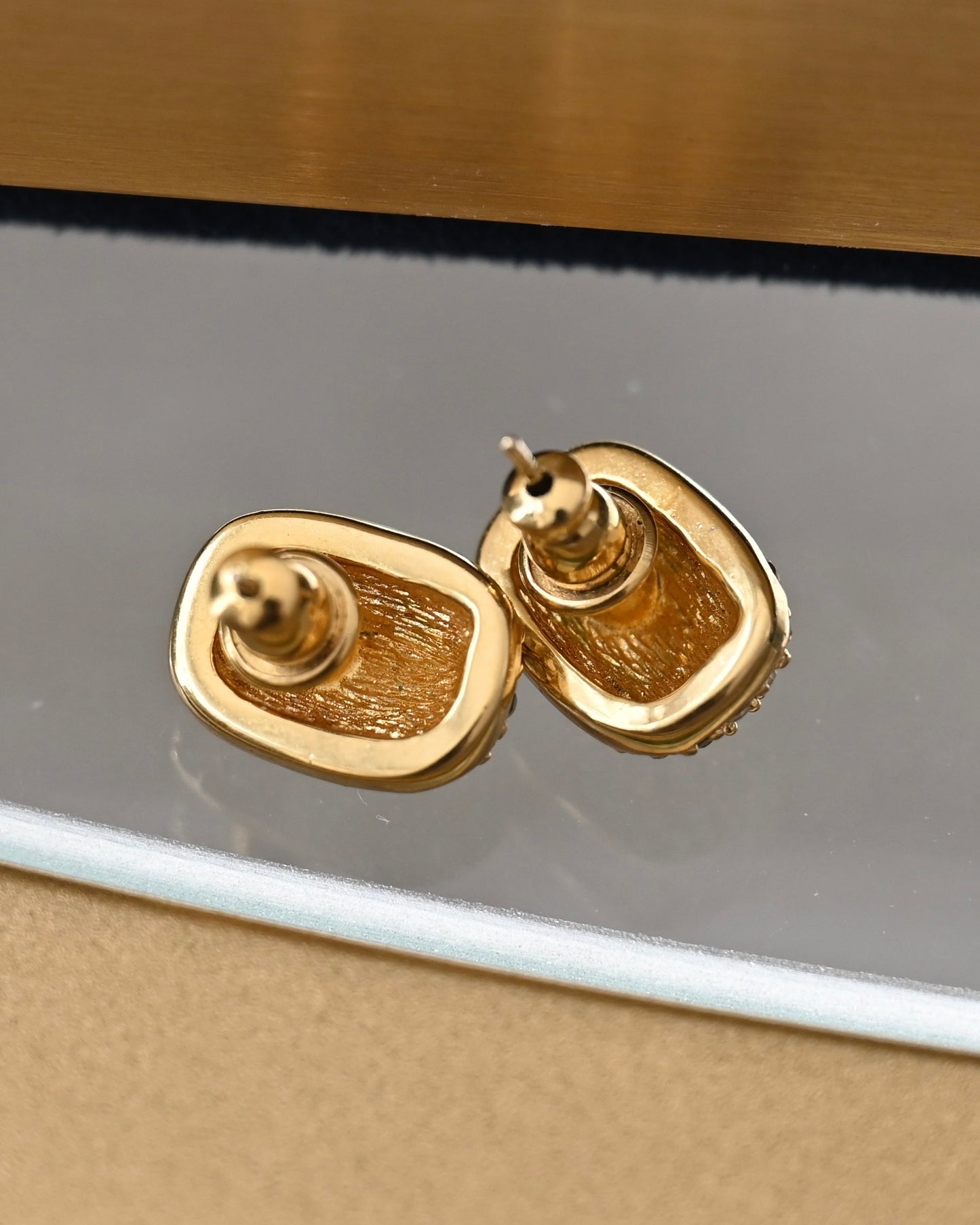 Vintage Christian Dior Rhinestone Pavé Mini Rectangular Gold-Tone 14k Gold Post Pierced Earrings