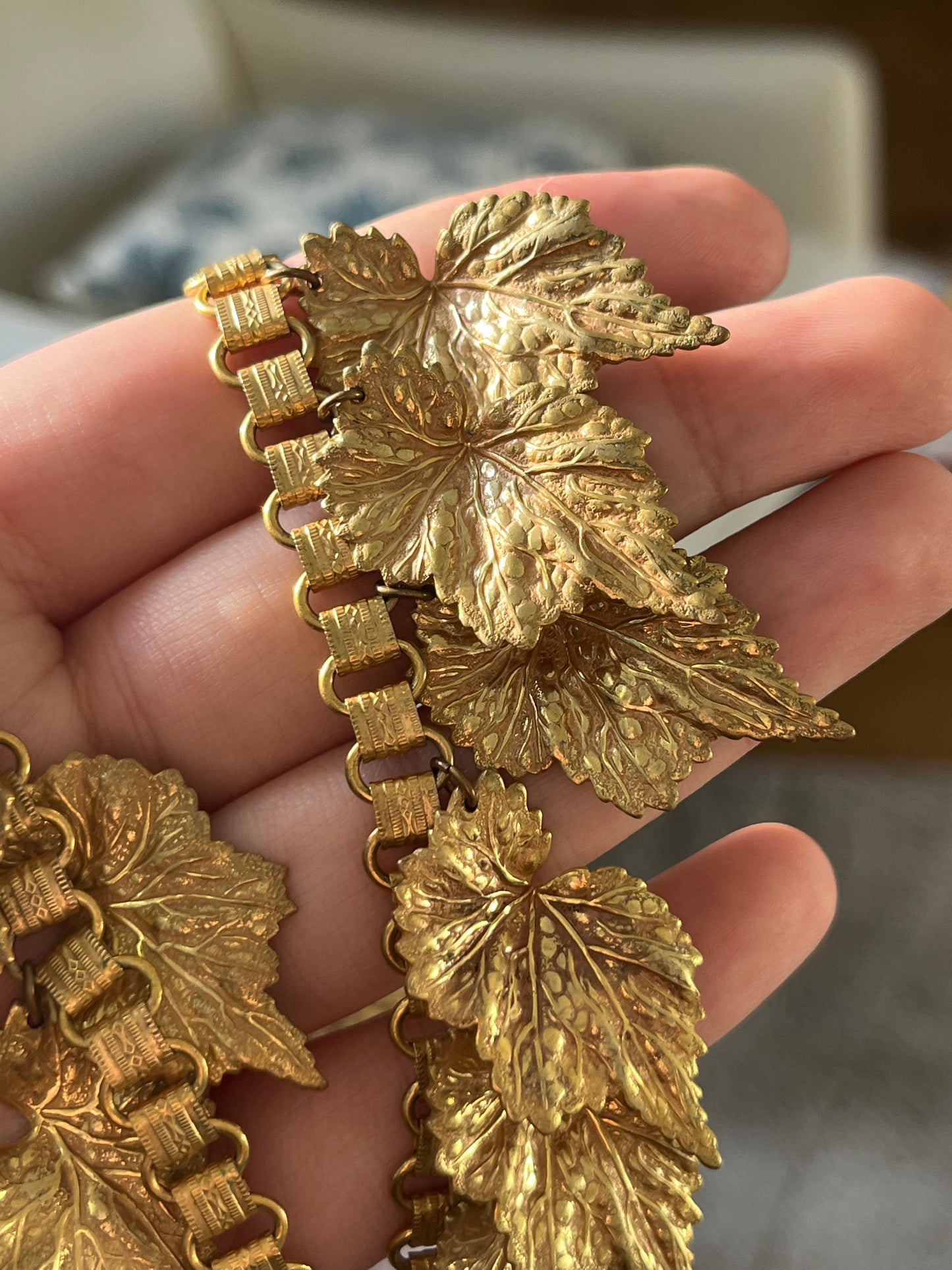 Vintage Miriam Haskell "Vine" Collection Vine Leaf Droplet Bib Collar Bronze Gold-Tone Statement Necklace