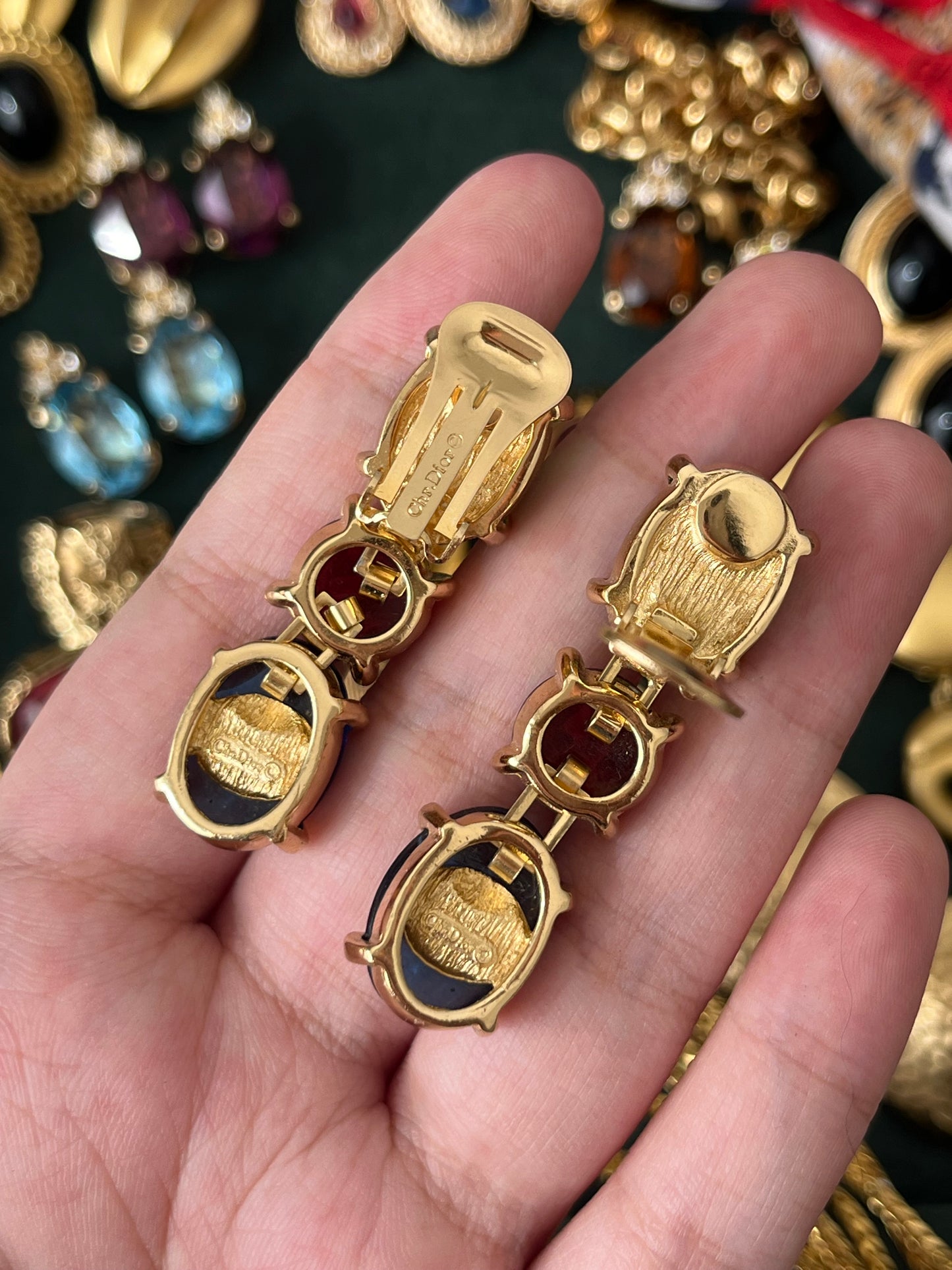 Vintage Christian Dior Tri-Color Oval Poured Swirly Glass Cabochon Prong Drop Gold-Tone Clip-On Earrings