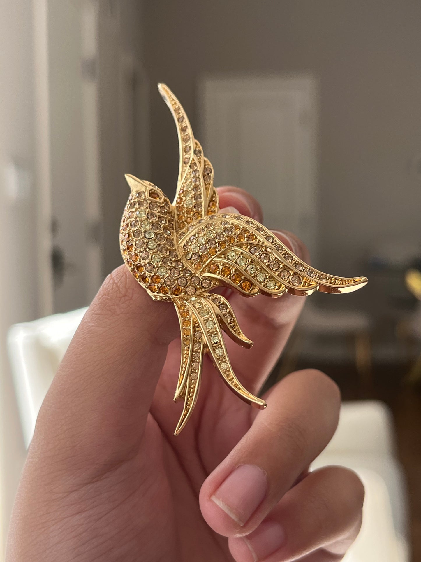 Vintage Christian Dior "Swallow" Bird Yellow Orange Rhinestone Pavé Gold-Tone Brooch